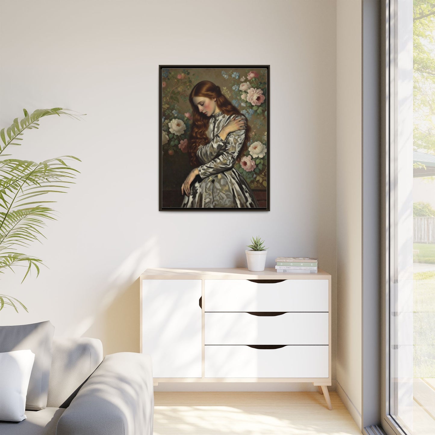Framed Matte Canvas Art — Vintage Floral Portrait of a Young Woman