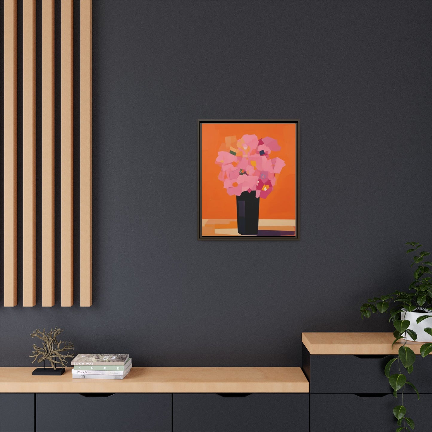 Framed Floral Canvas Art — Pink Bouquet on Orange Background