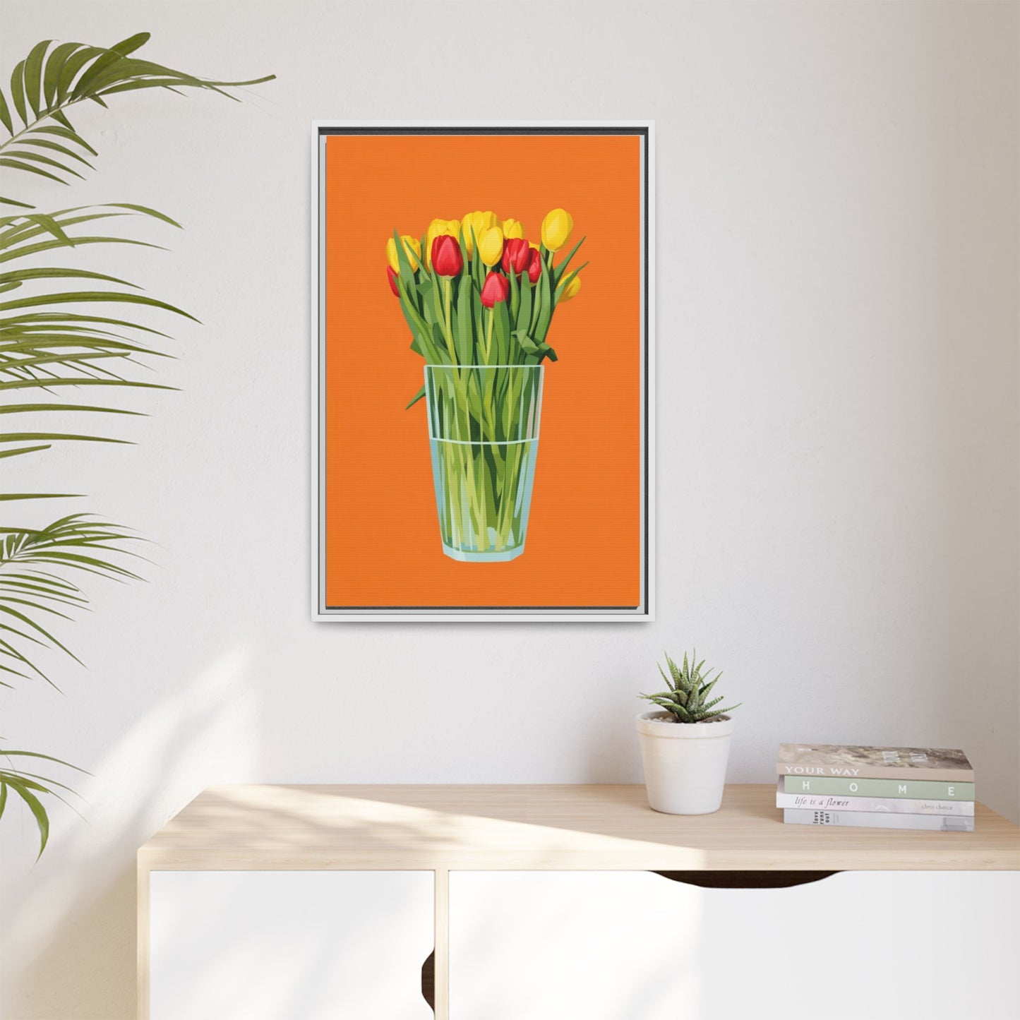 Framed Tulip Canvas Print — Colorful Tulips in Glass Vase