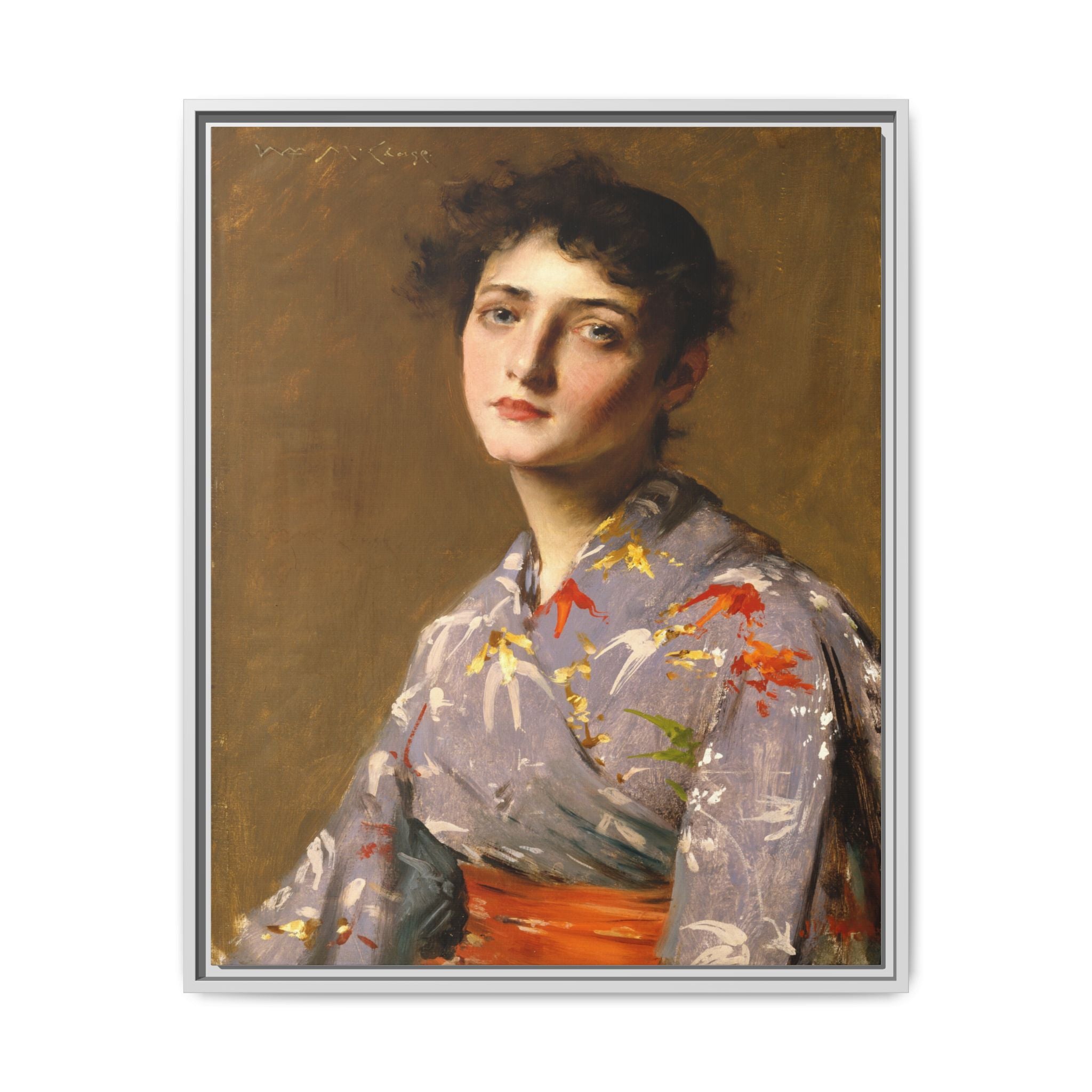 Girl in a Japanese Costume by William Merritt Chase Framed Matte Canvas Wall Art Print