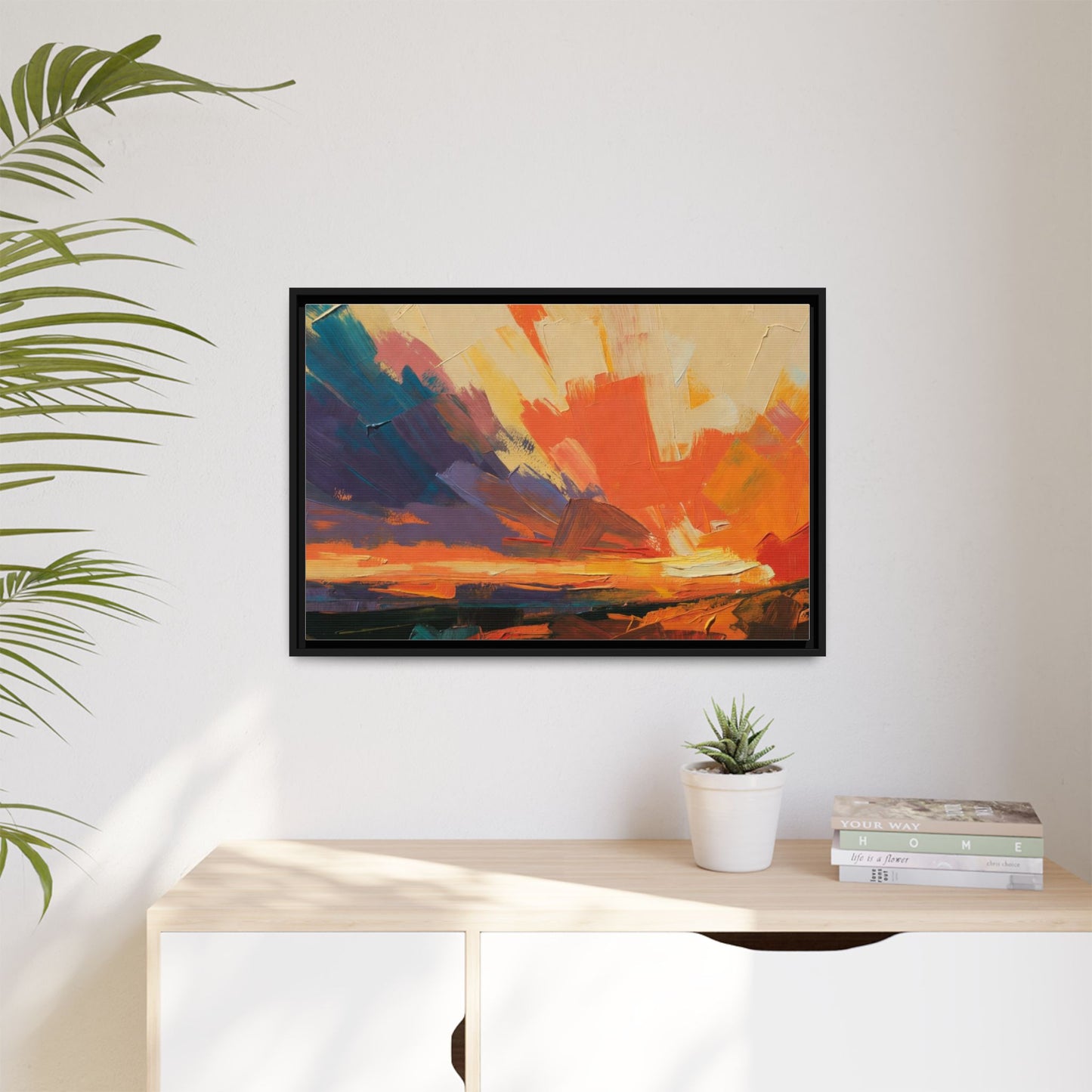 Framed Abstract Sunset Canvas Art – Multicolor Matte Wall Decor