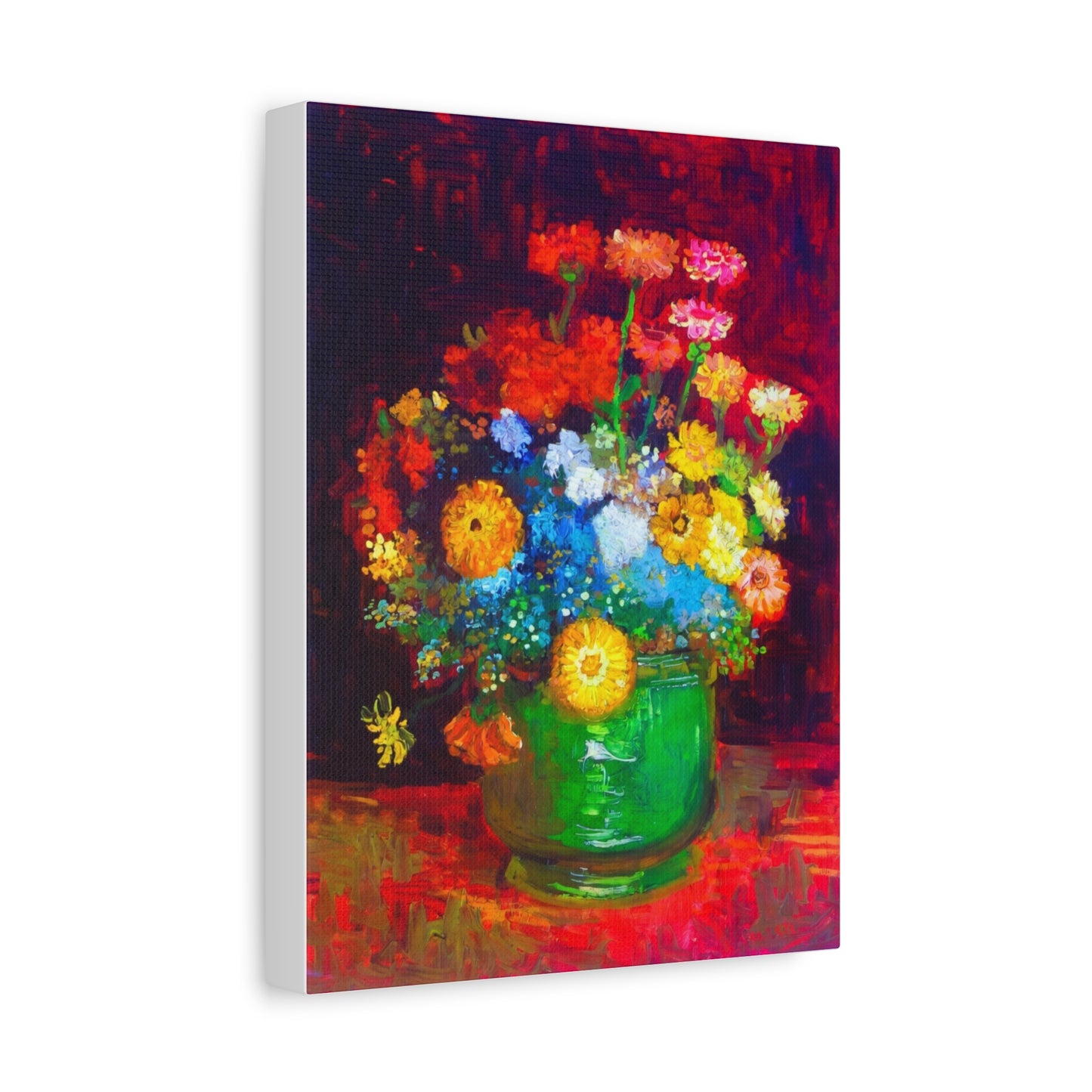 Floral Still Life Canvas Print — Vibrant Bouquet in Green Vase