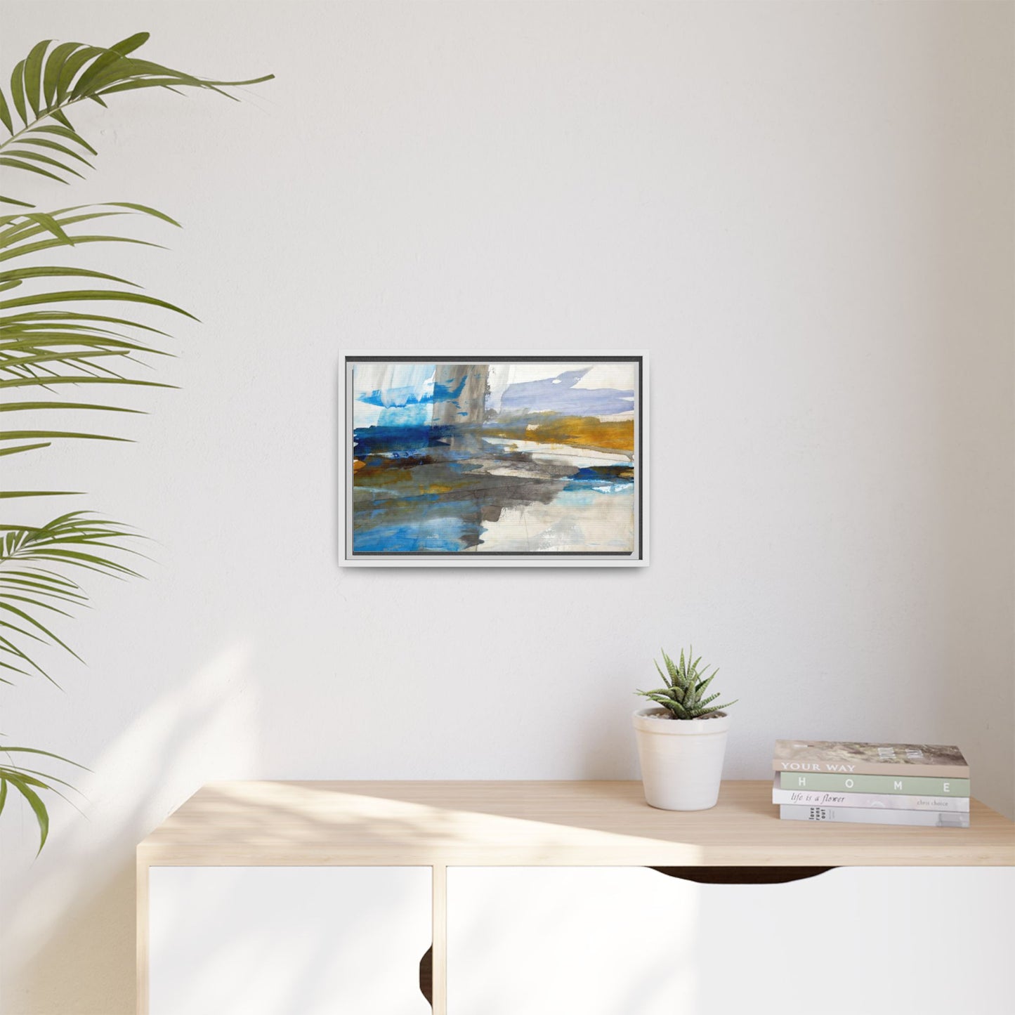 Abstract Blue & Gold Framed Canvas Art — Matte Multi-Color Wall Print