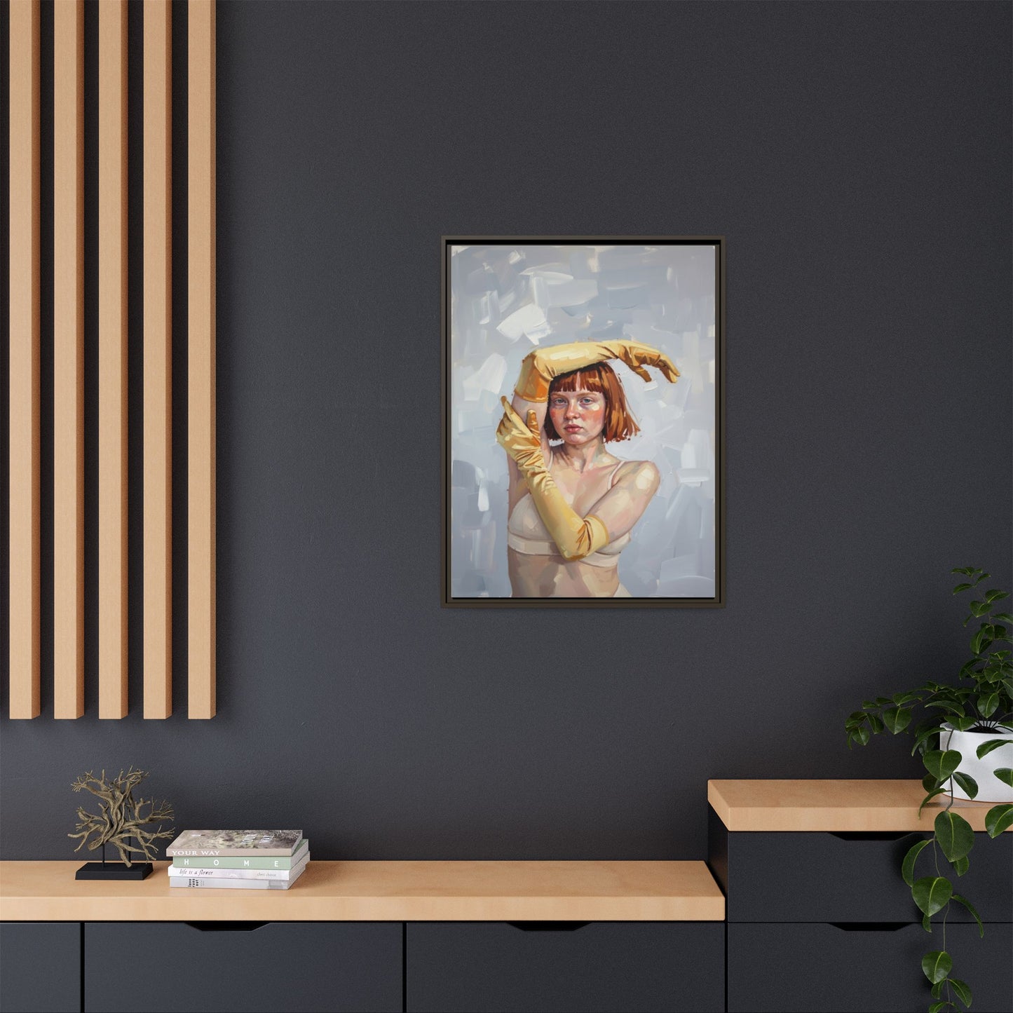 Contemporary Portrait Canvas Print — Woman with Yellow Gloves (Framed Matte)