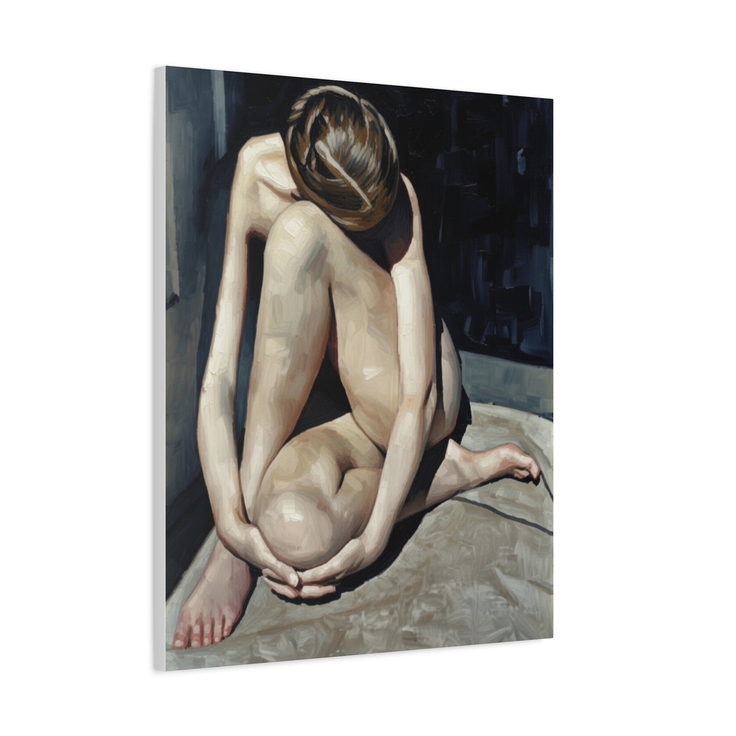 Figurative Nude Art Canvas Print — Contemplative Female Figure Matte Stretched