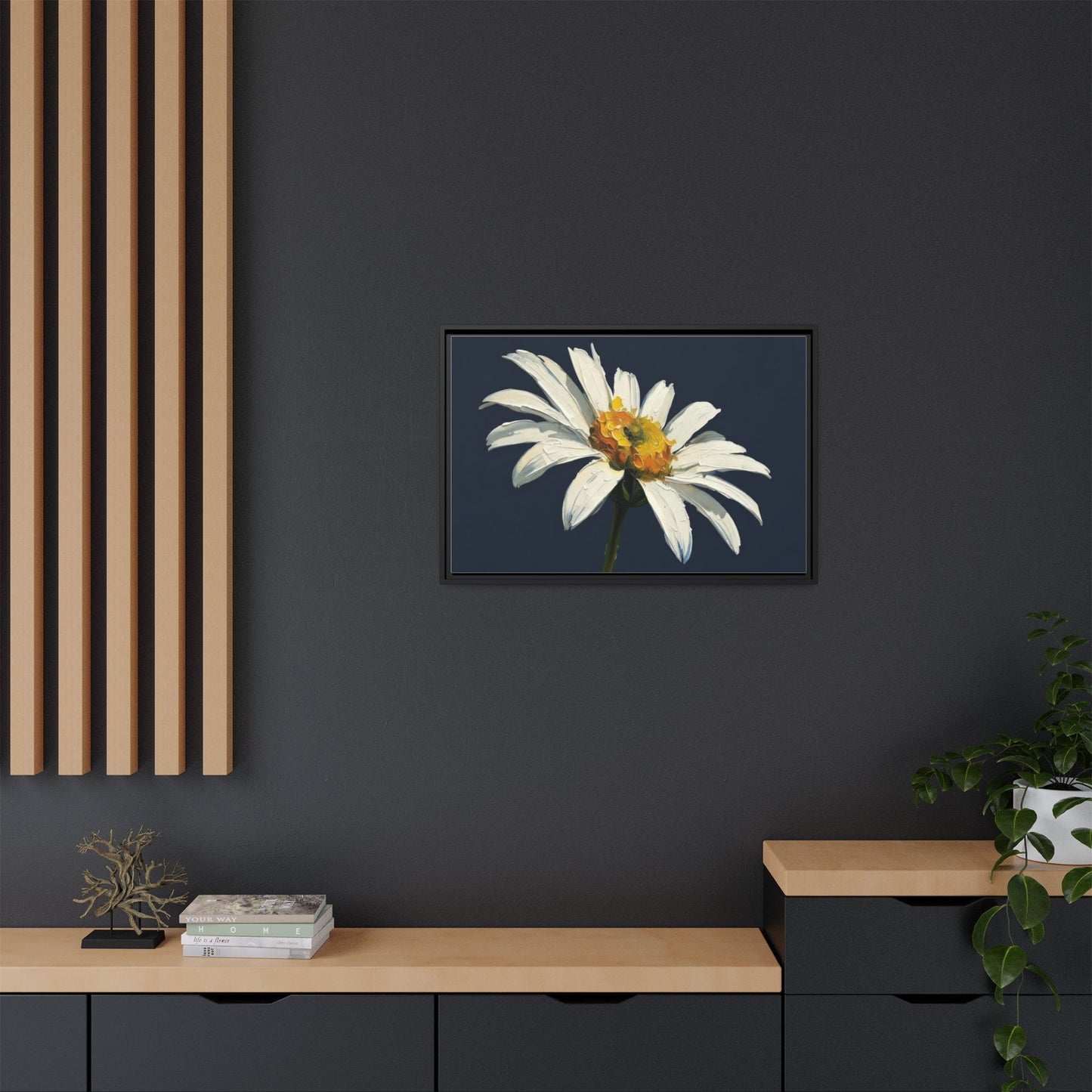 Framed Matte Canvas Daisy Wall Art — White Floral Painting on Navy