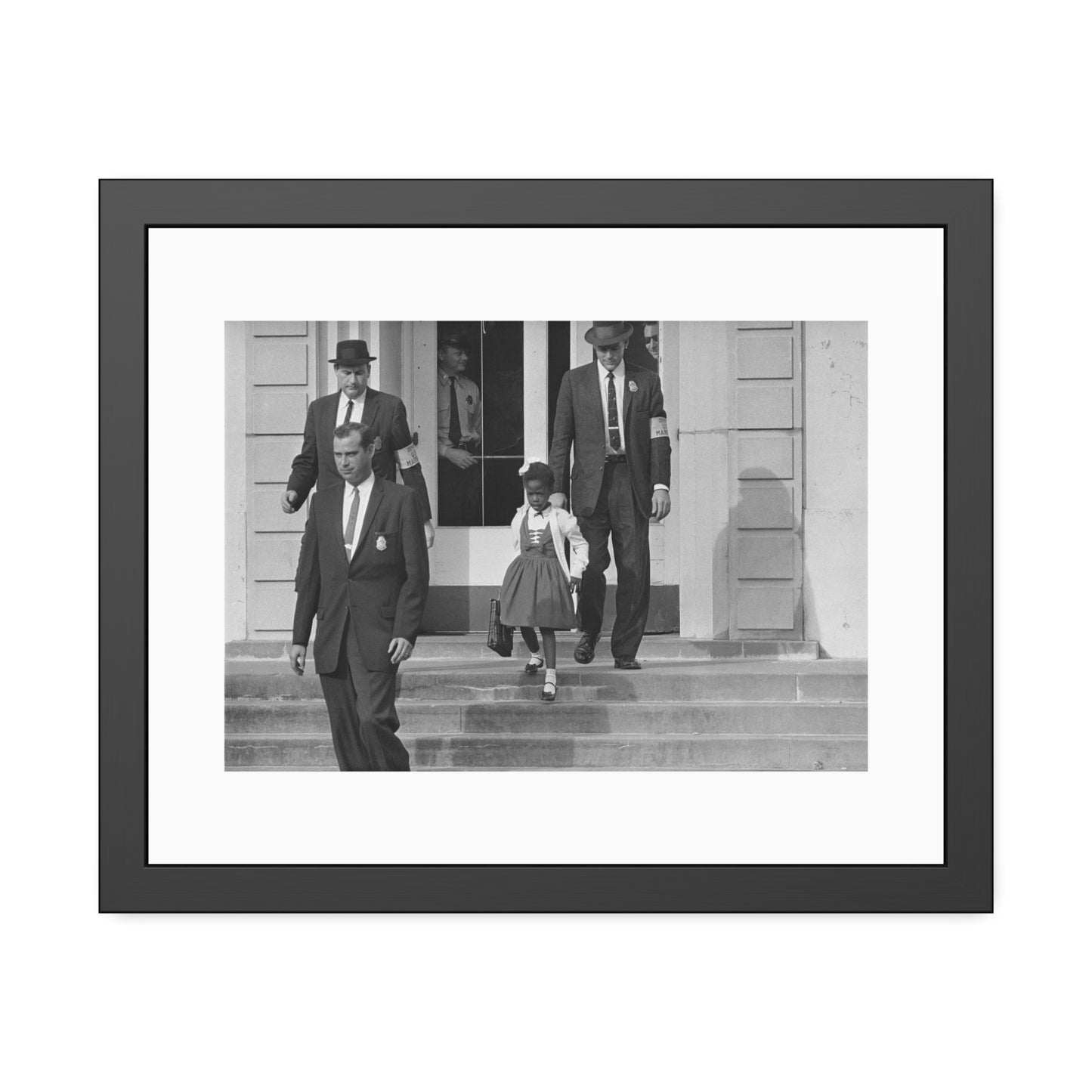 US Marshals with Young Ruby Bridges on School Steps by Unknown  Black & White Civil Rights Photograph Framed Wall Art Print