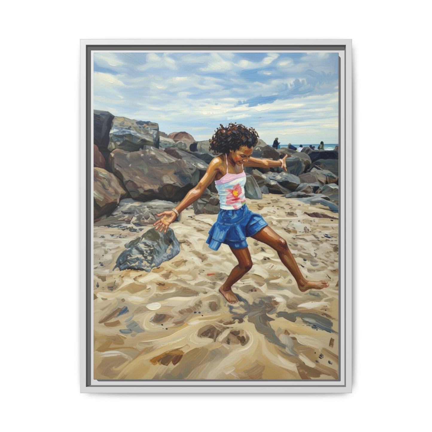 Framed Canvas Art - Girl Dancing on the Beach (Matte Multi-Color)