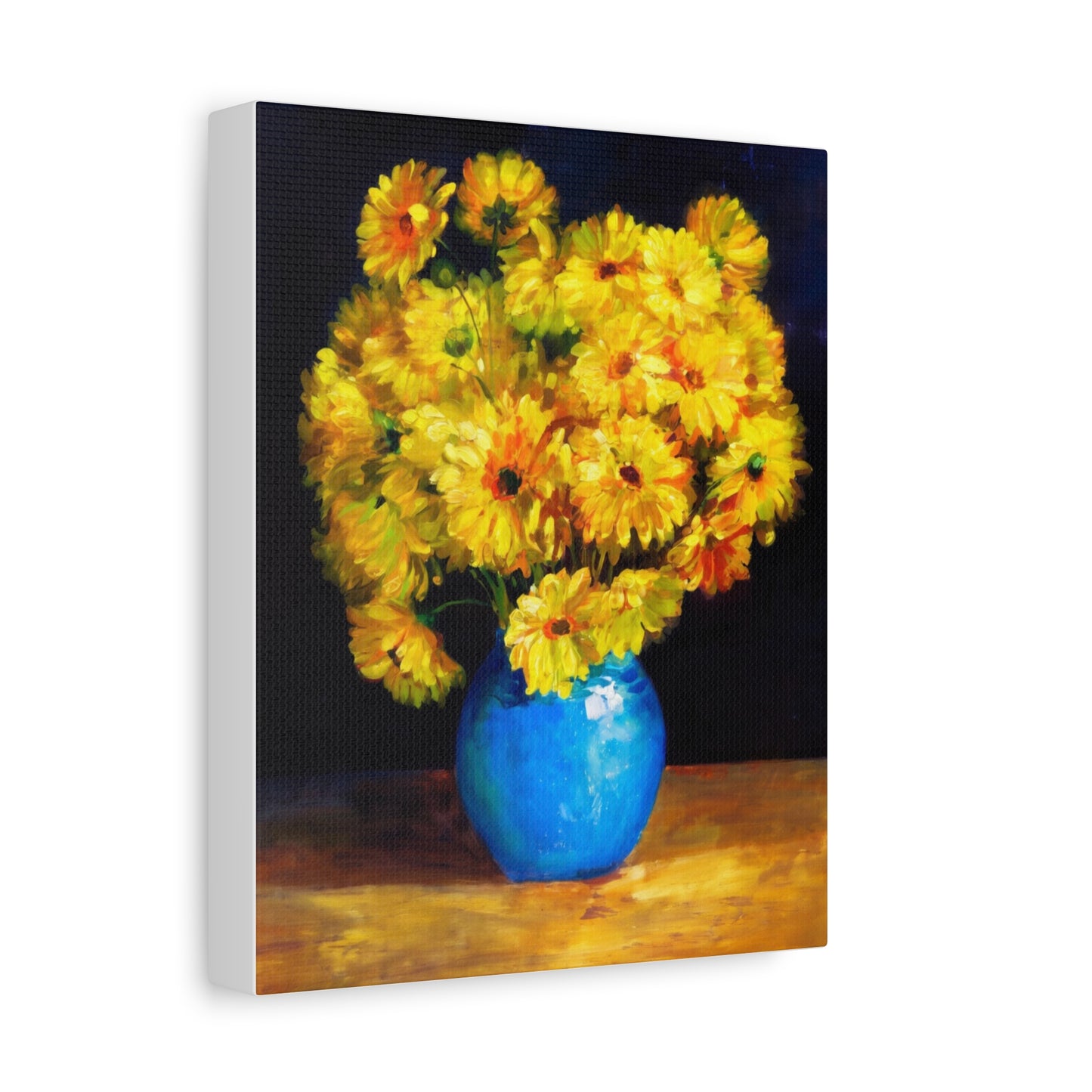 Yellow Chrysanthemum Canvas Wall Art — Blue Vase Floral Painting (Stretched Matte)
