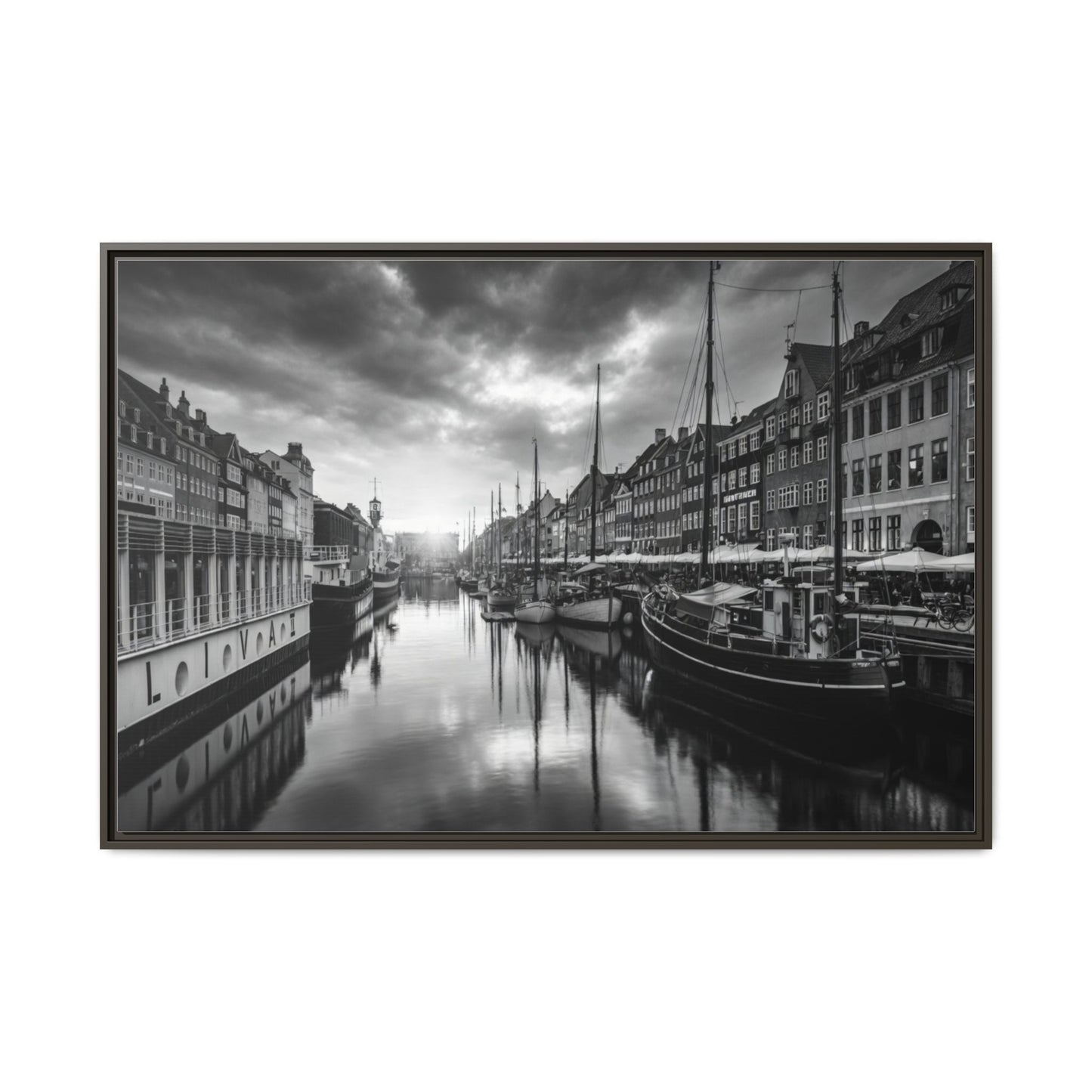 Framed Matte Canvas: Black & White Dutch Canal Photography Wall Art