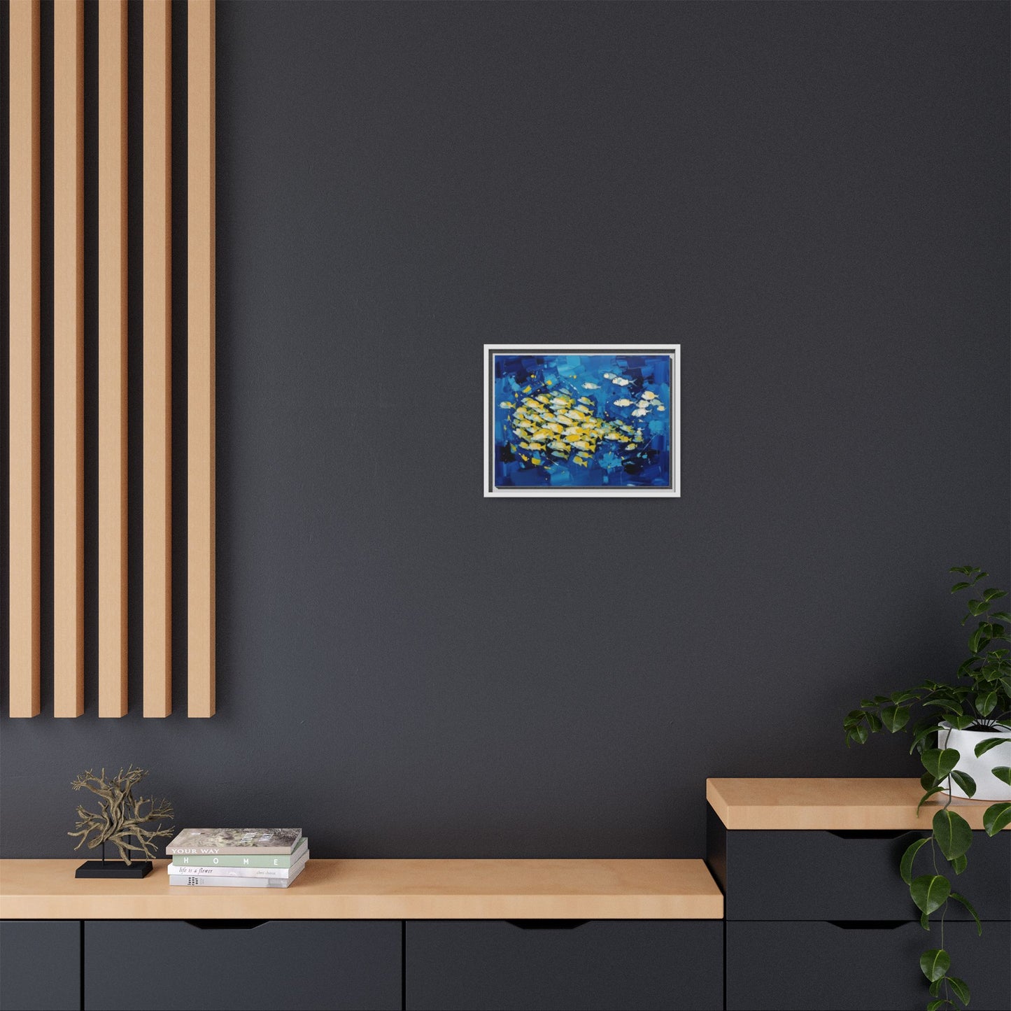 Framed Matte Canvas: Blue School of Fish Wall Art