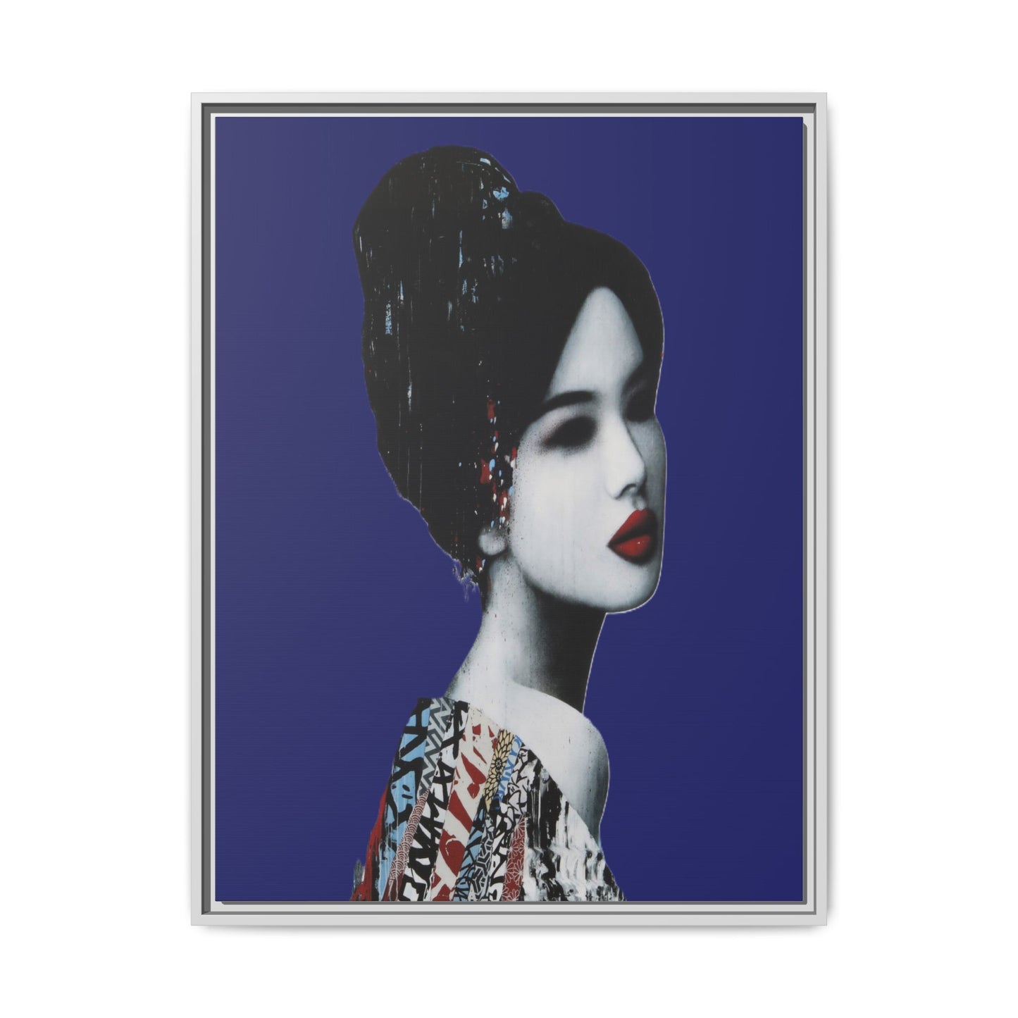 Framed Matte Canvas Art — Elegant Geisha Portrait on Deep Blue