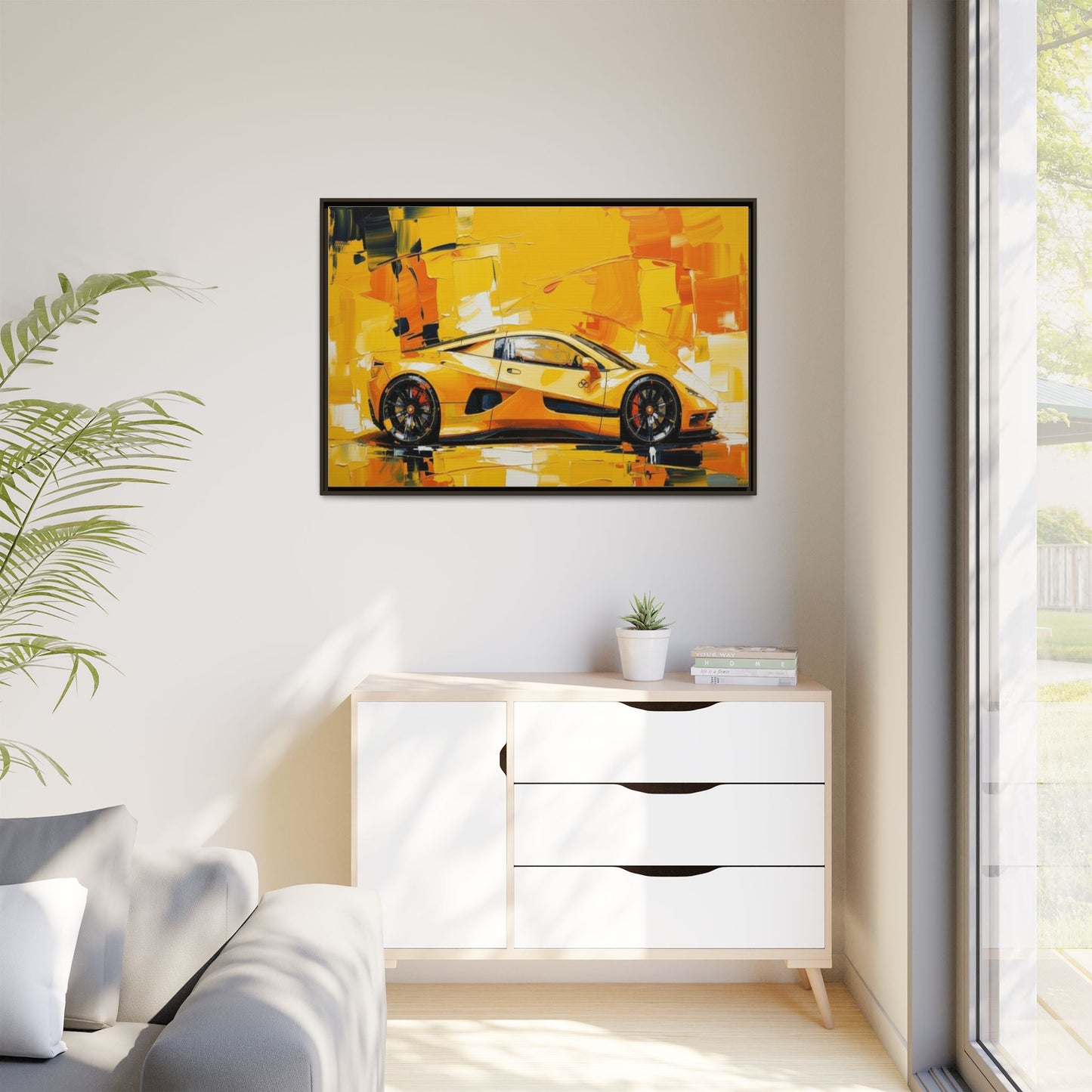 Yellow Sports Car Abstract Matte Canvas Framed Print