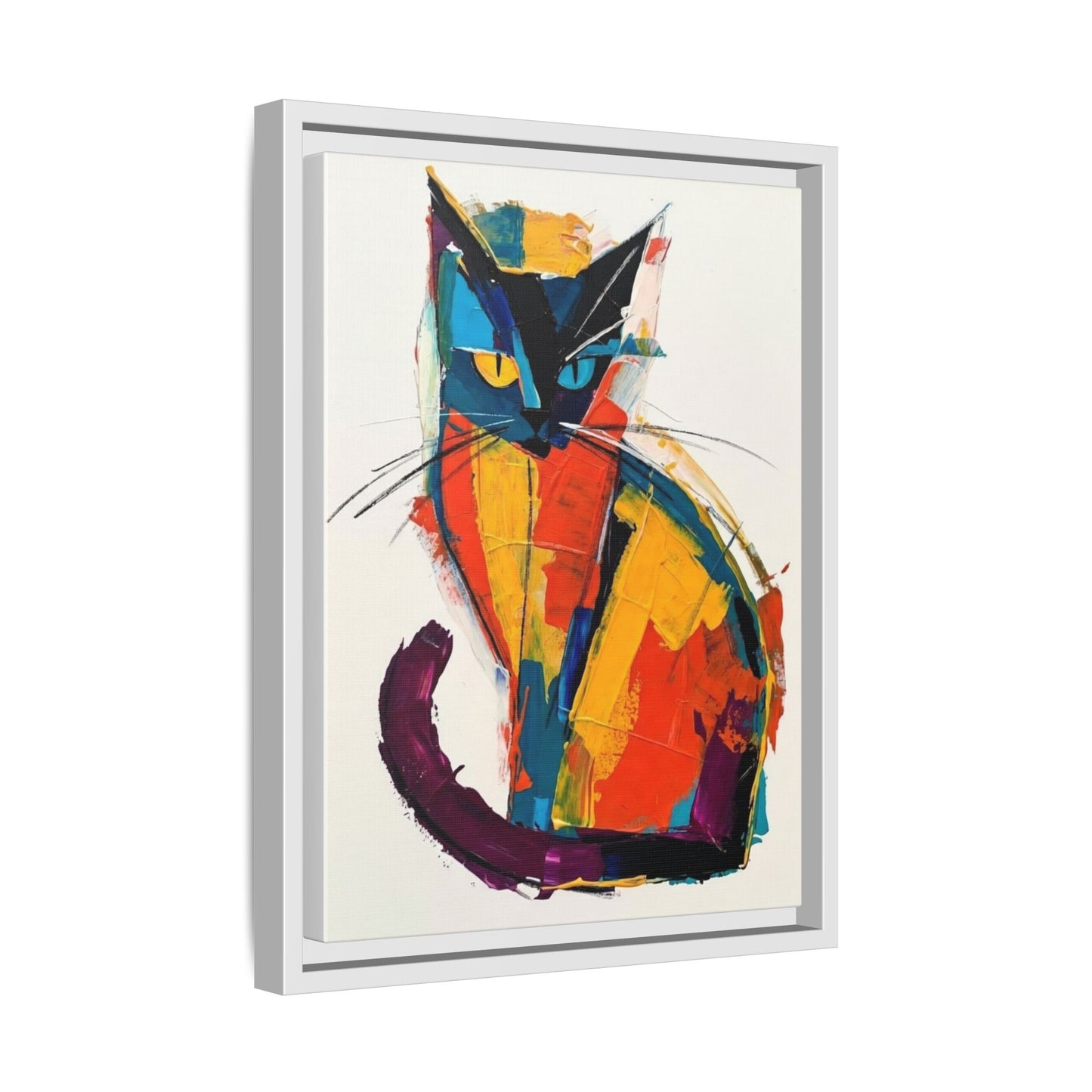 Colorful Abstract Cat Framed Canvas — Modern Matte Wall Art