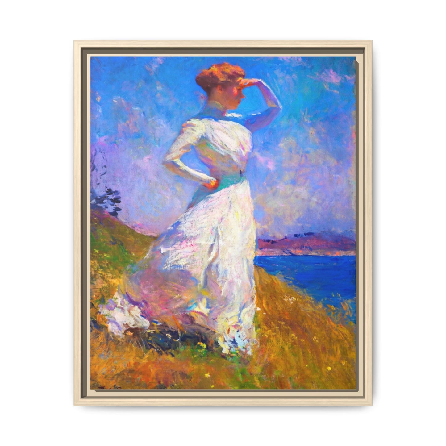 Framed Matte Canvas Art - Woman in White Seaside Impressionist Print