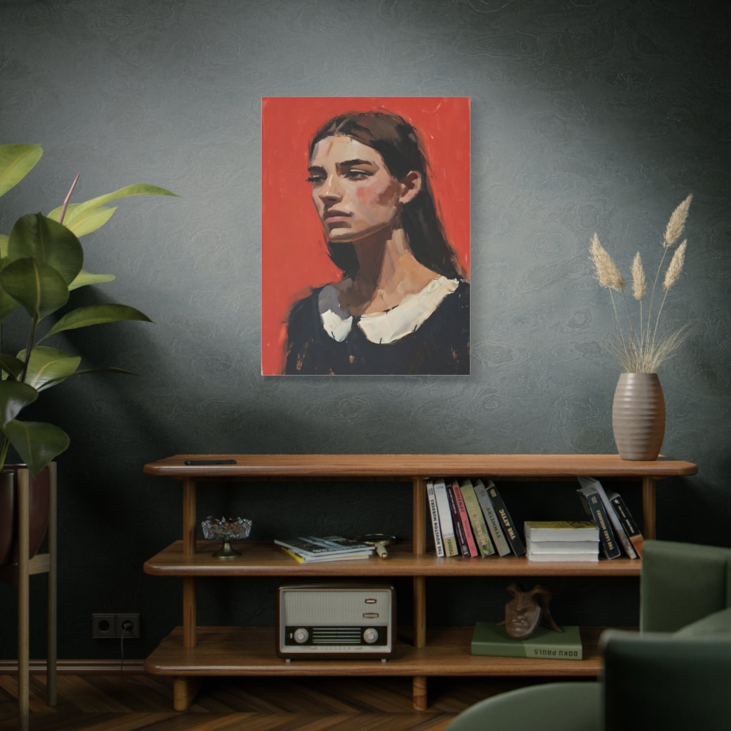 Portrait Canvas Print — Moody Red Figurative Art on Matte Stretched Canvas