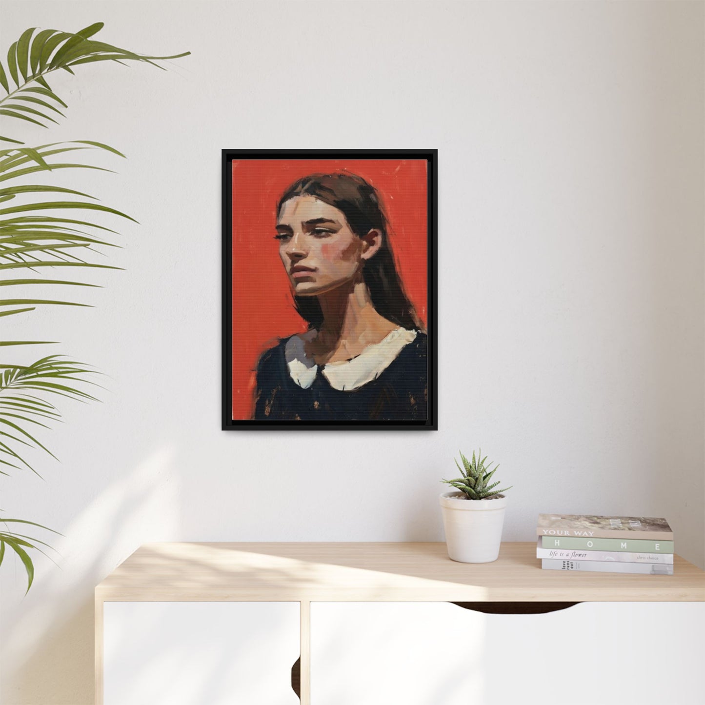 Framed Matte Canvas Portrait Print — Moody Red Figurative Art