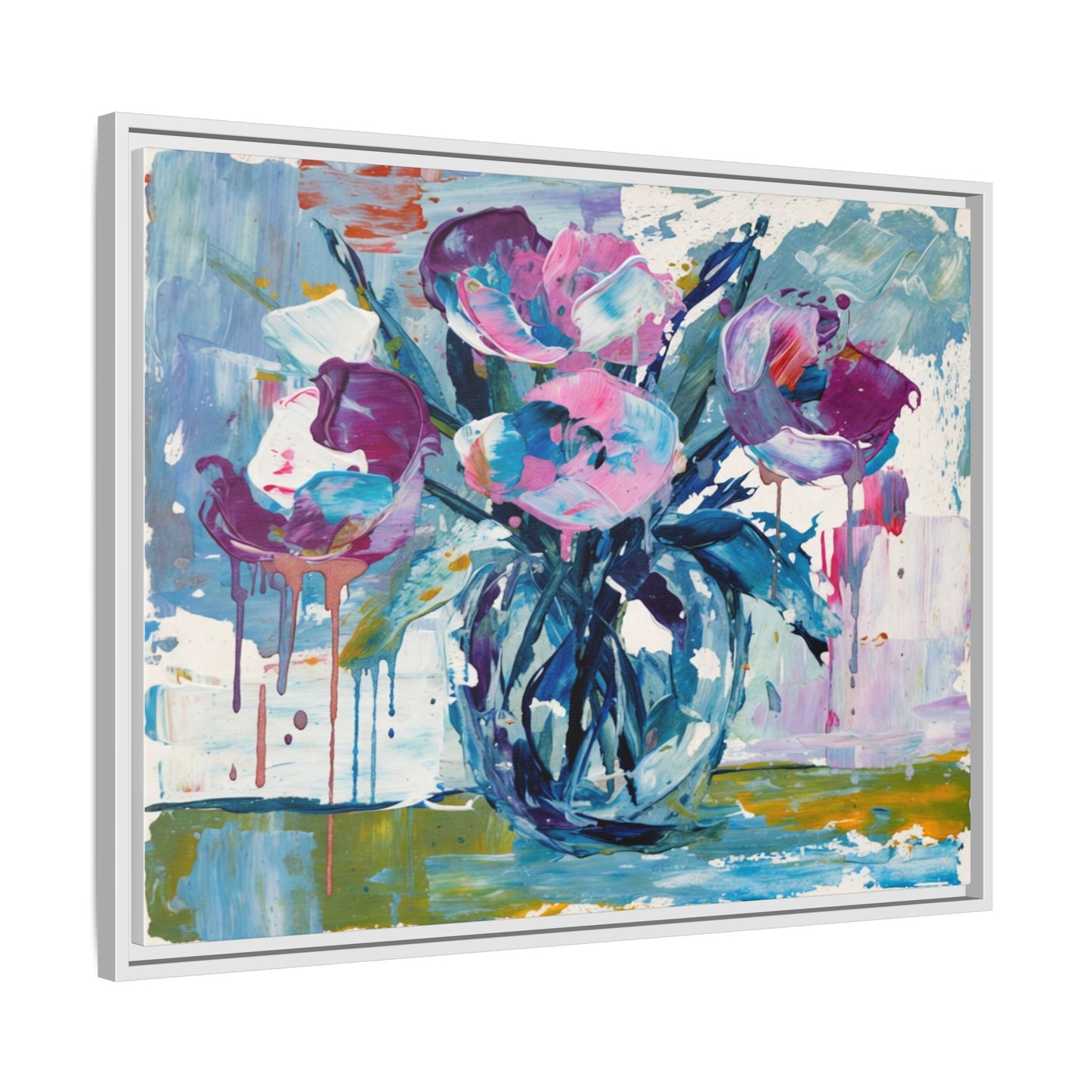 Framed Floral Canvas Art — Abstract Pink & Blue Bouquet
