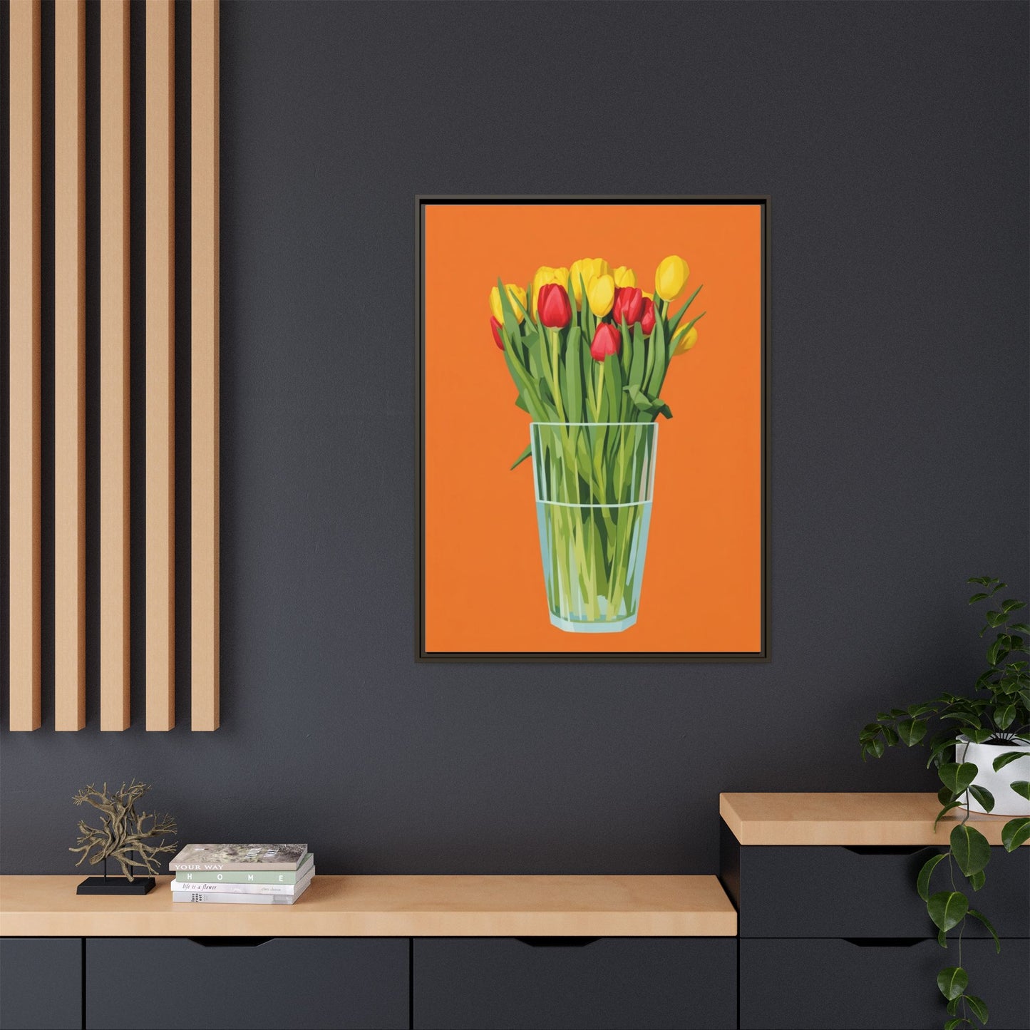 Framed Tulip Canvas Print — Colorful Tulips in Glass Vase