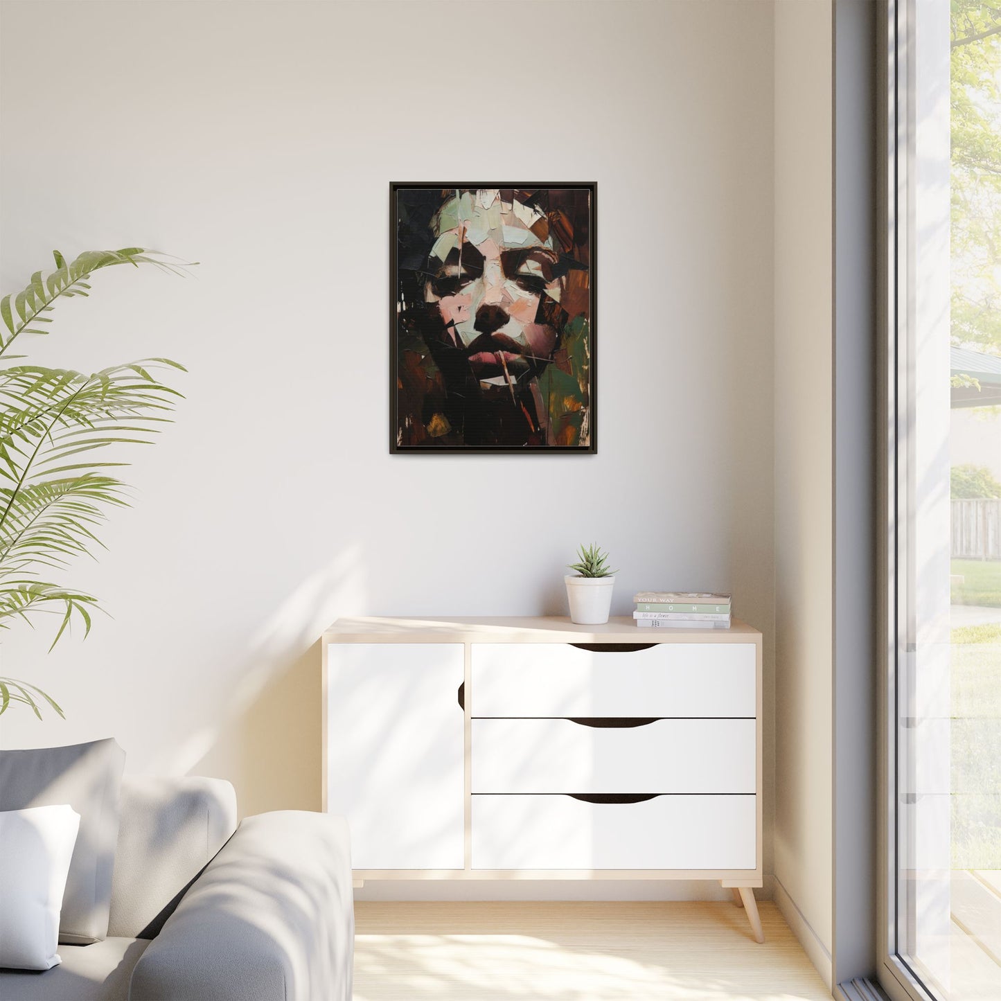 Matte Framed Canvas Art — Abstract Female Portrait, Moody Multicolor