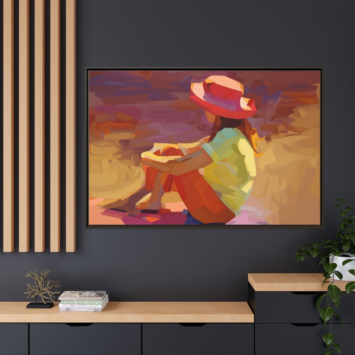 Framed Matte Canvas — Colorful Seated Girl Beach Art