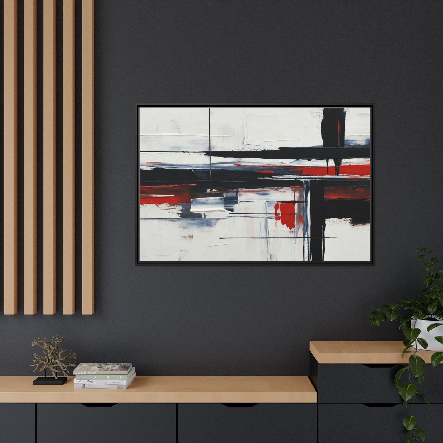 Abstract Red & Black Framed Canvas Art — Modern Matte Wall Painting