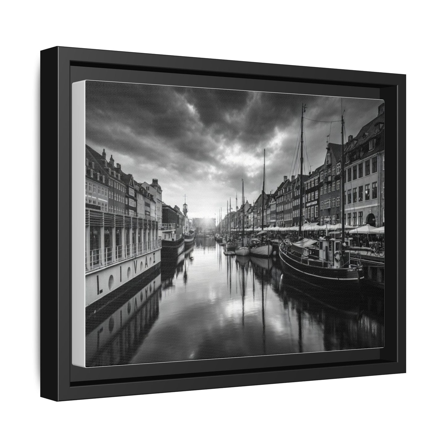 Framed Matte Canvas: Black & White Dutch Canal Photography Wall Art