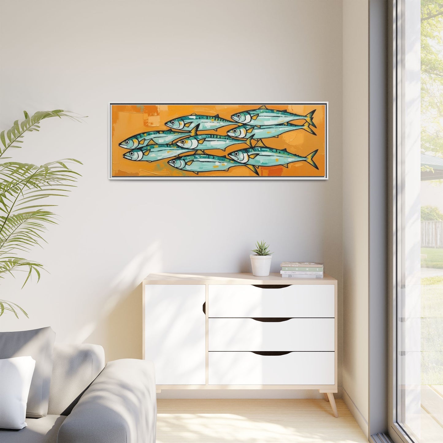 Framed Matte Canvas Print — School of Blue Fish on Orange Abstract Background