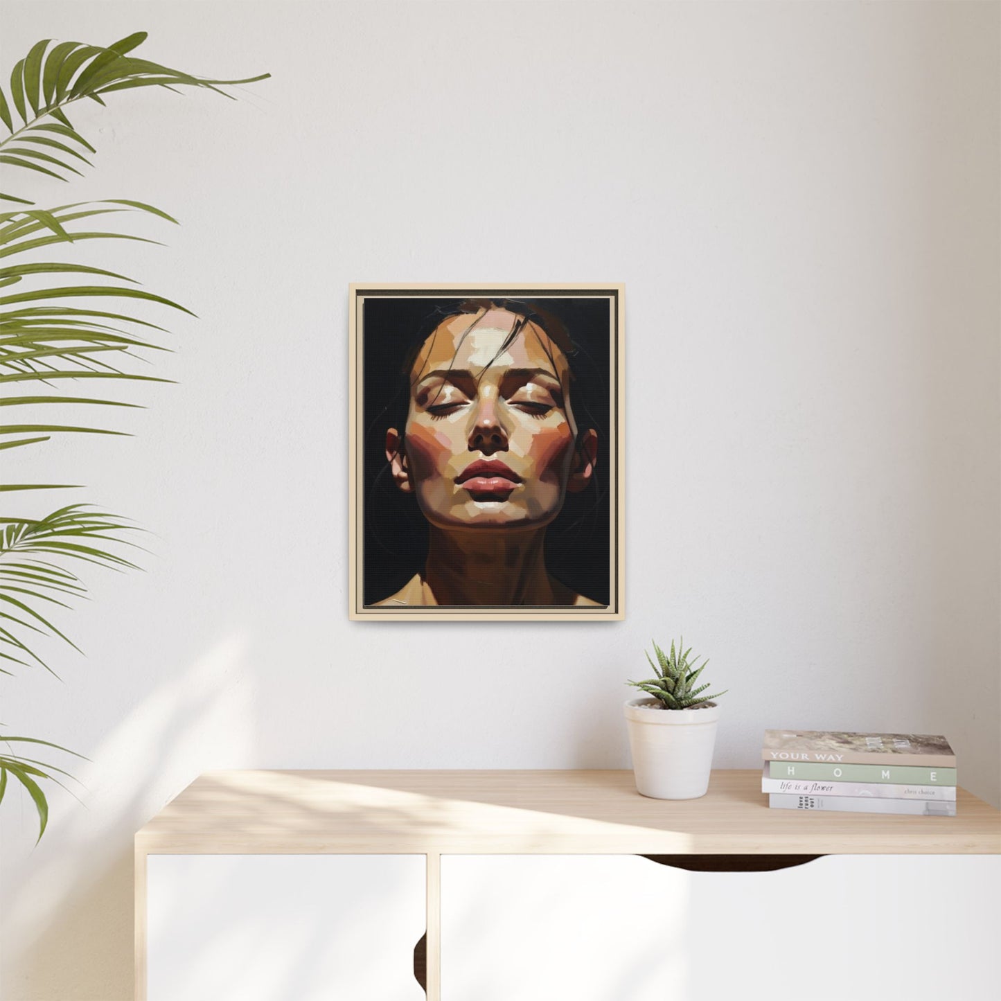 Framed Matte Canvas Portrait – Woman with Eyes Closed (Multi‑Color)