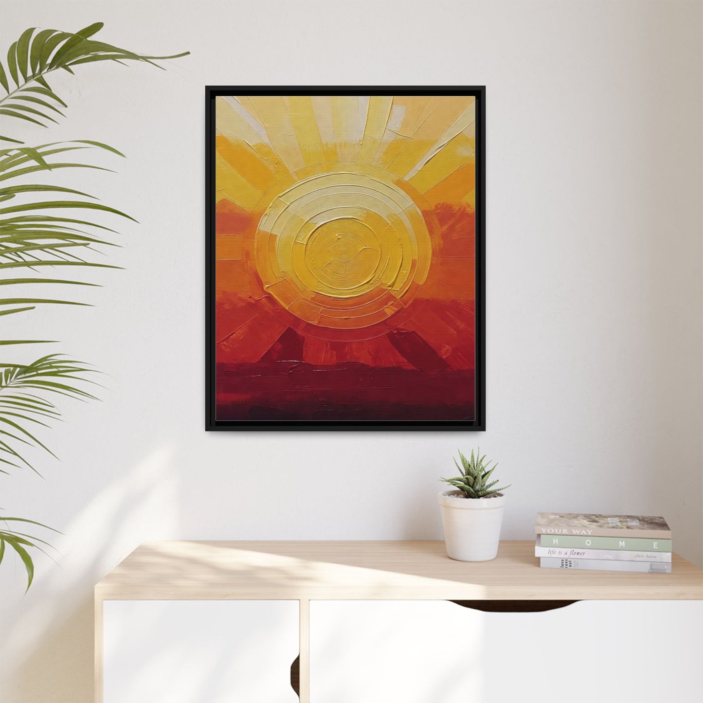 Sunburst Abstract Framed Canvas Art — Matte Multi‑Color Wall Print