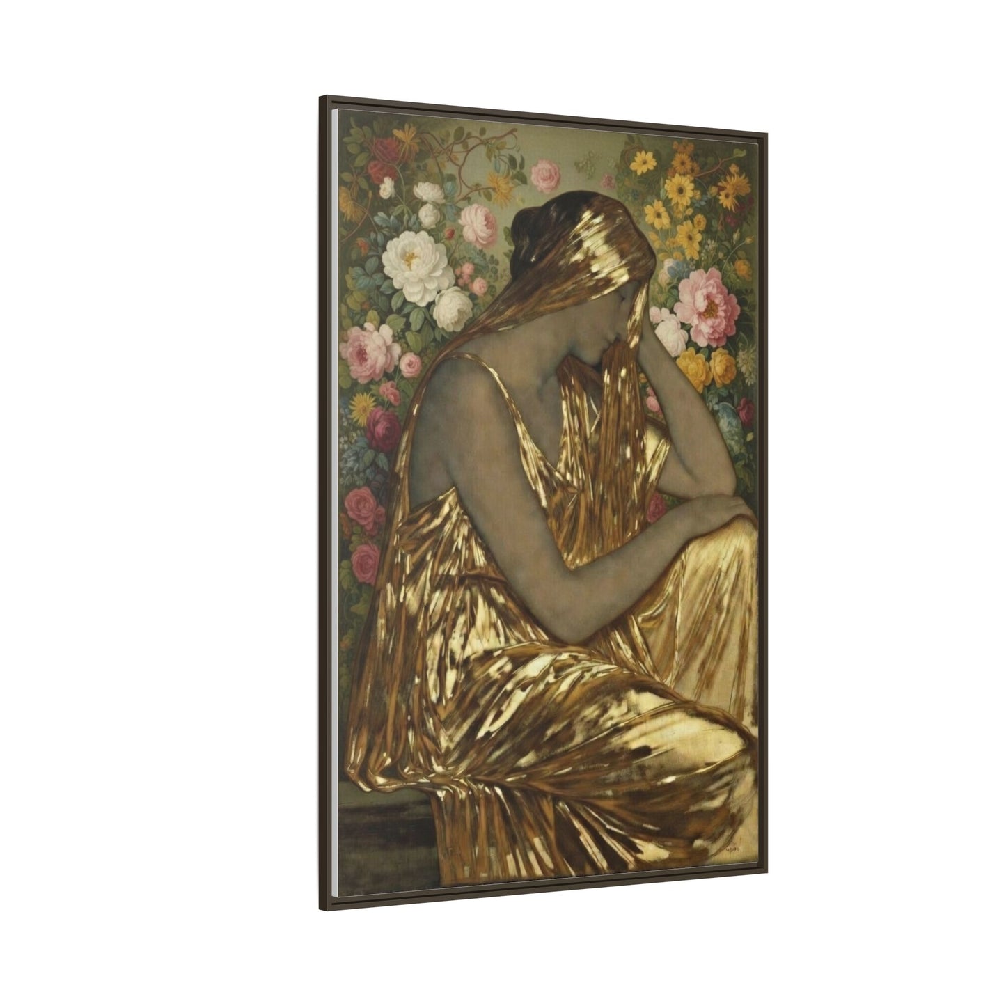 Framed Canvas Art Print — Golden Muse Woman with Floral Background