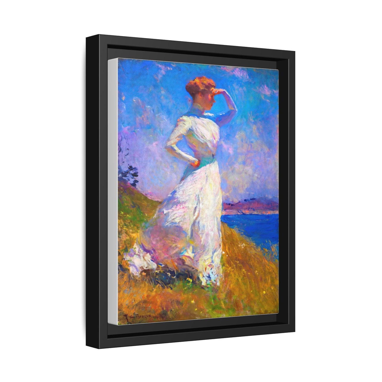 Framed Matte Canvas Art - Woman in White Seaside Impressionist Print