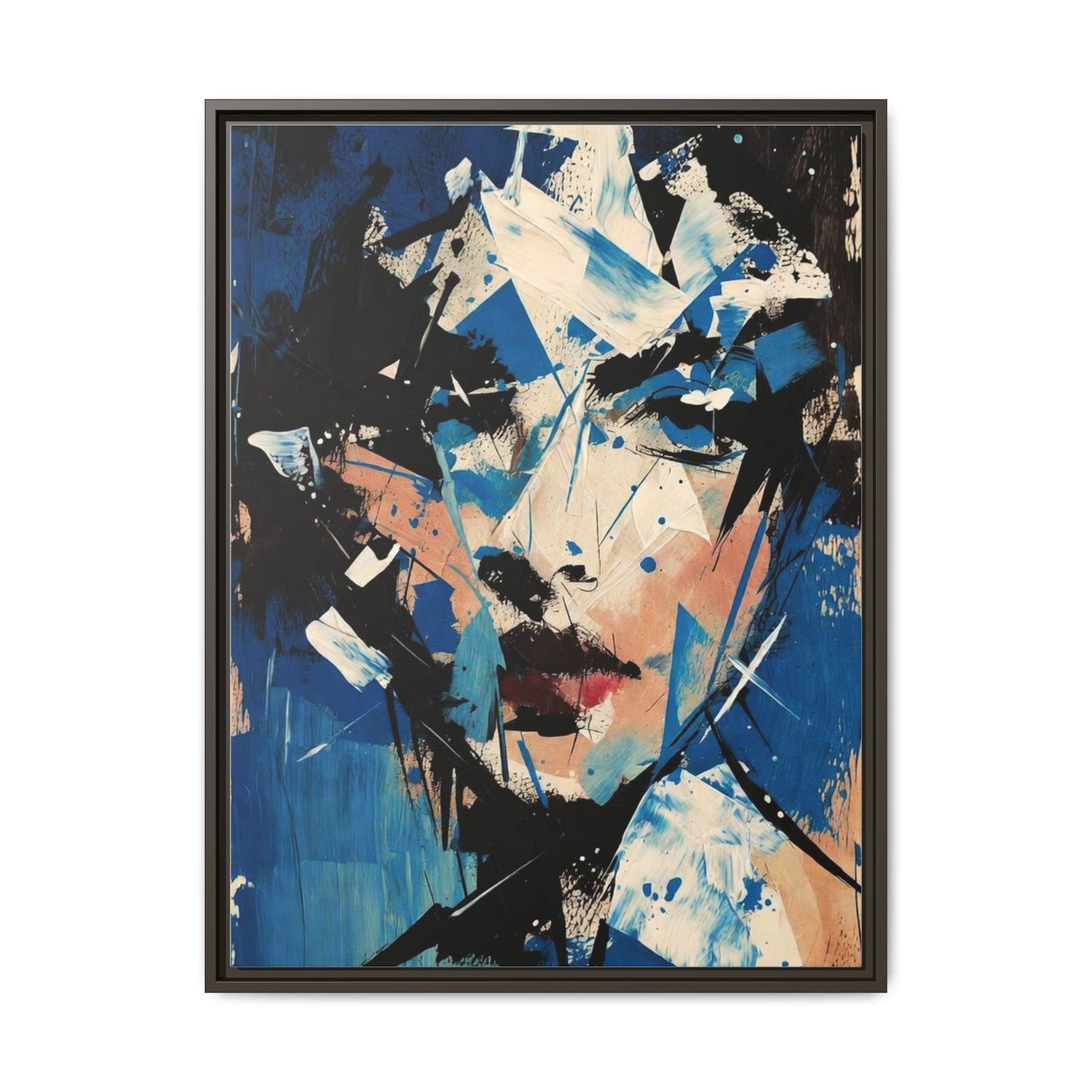 Abstract Portrait Matte Canvas Framed Wall Art — Blue Mixed-Media Face Print