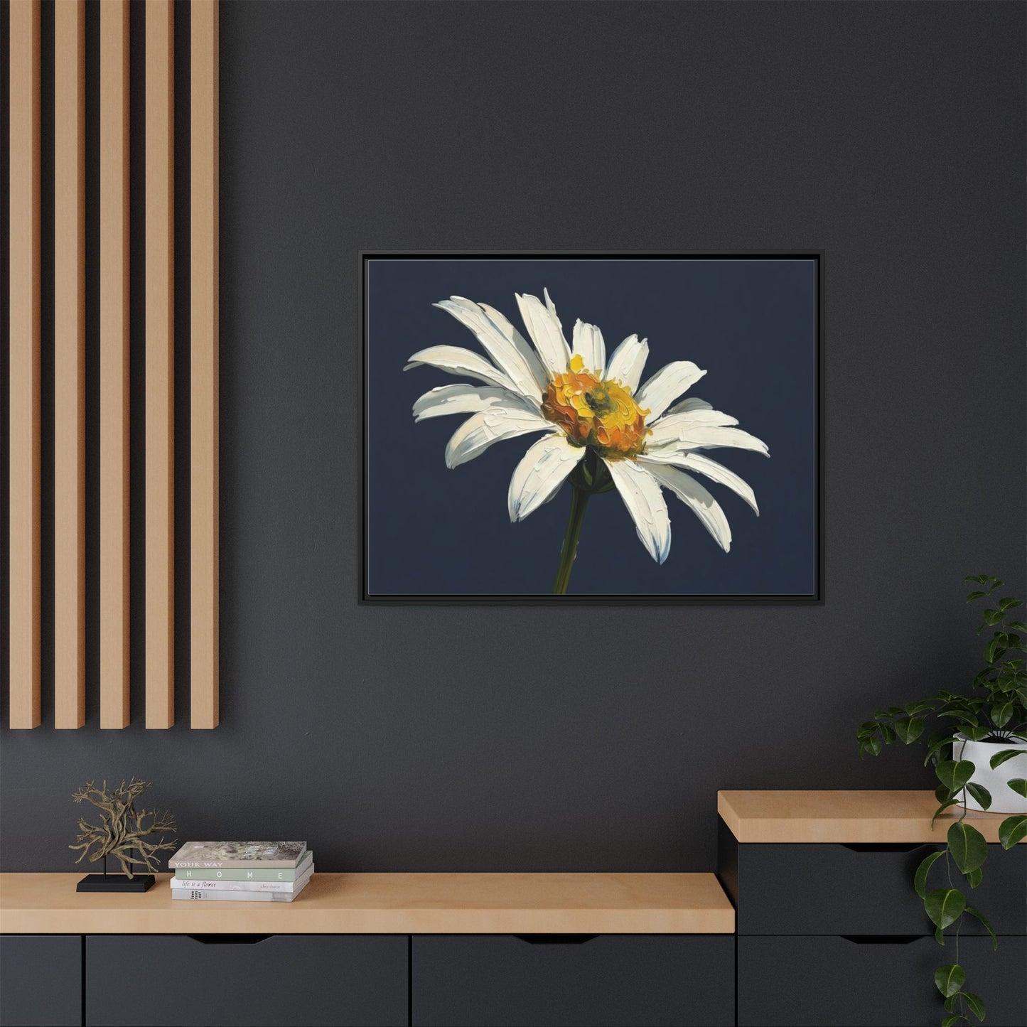 Framed Matte Canvas Daisy Wall Art — White Floral Painting on Navy
