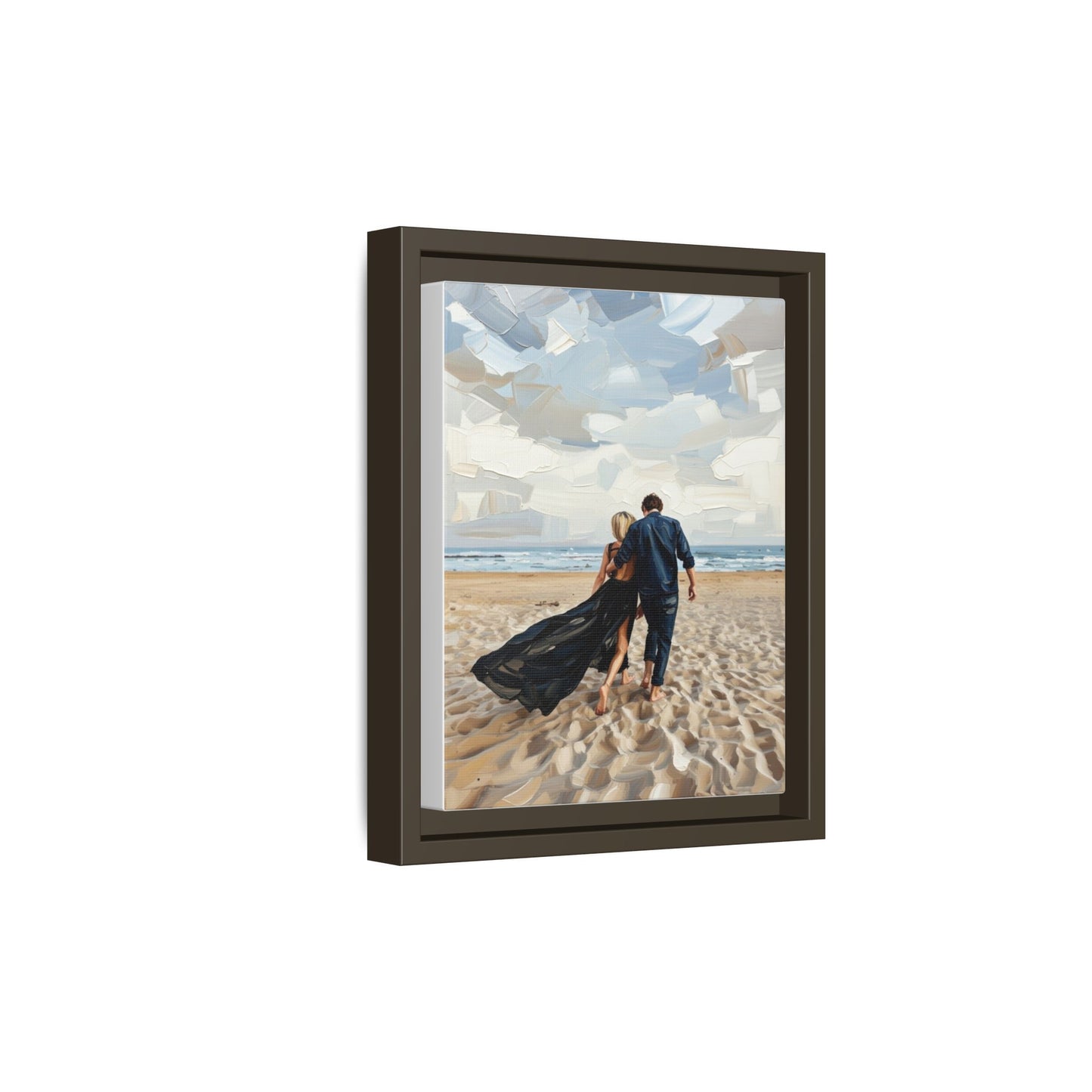 Framed Canvas Wall Art — Romantic Couple Walking on Beach Print