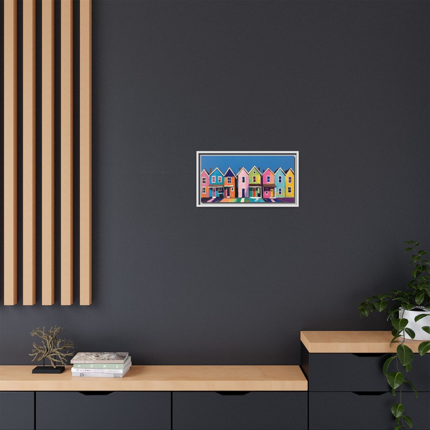 Colorful Beach Houses Matte Canvas Framed Wall Art