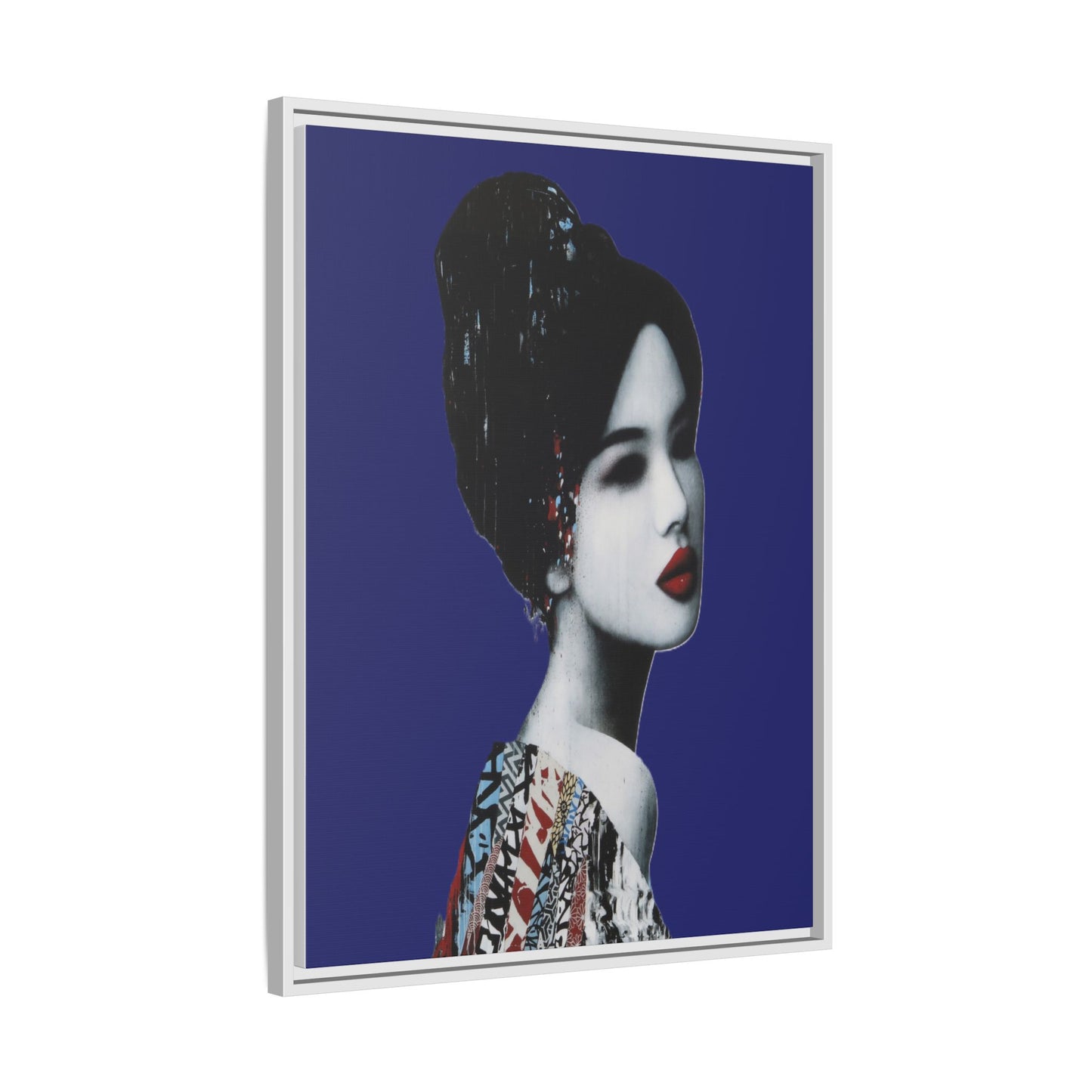 Framed Matte Canvas Art — Elegant Geisha Portrait on Deep Blue