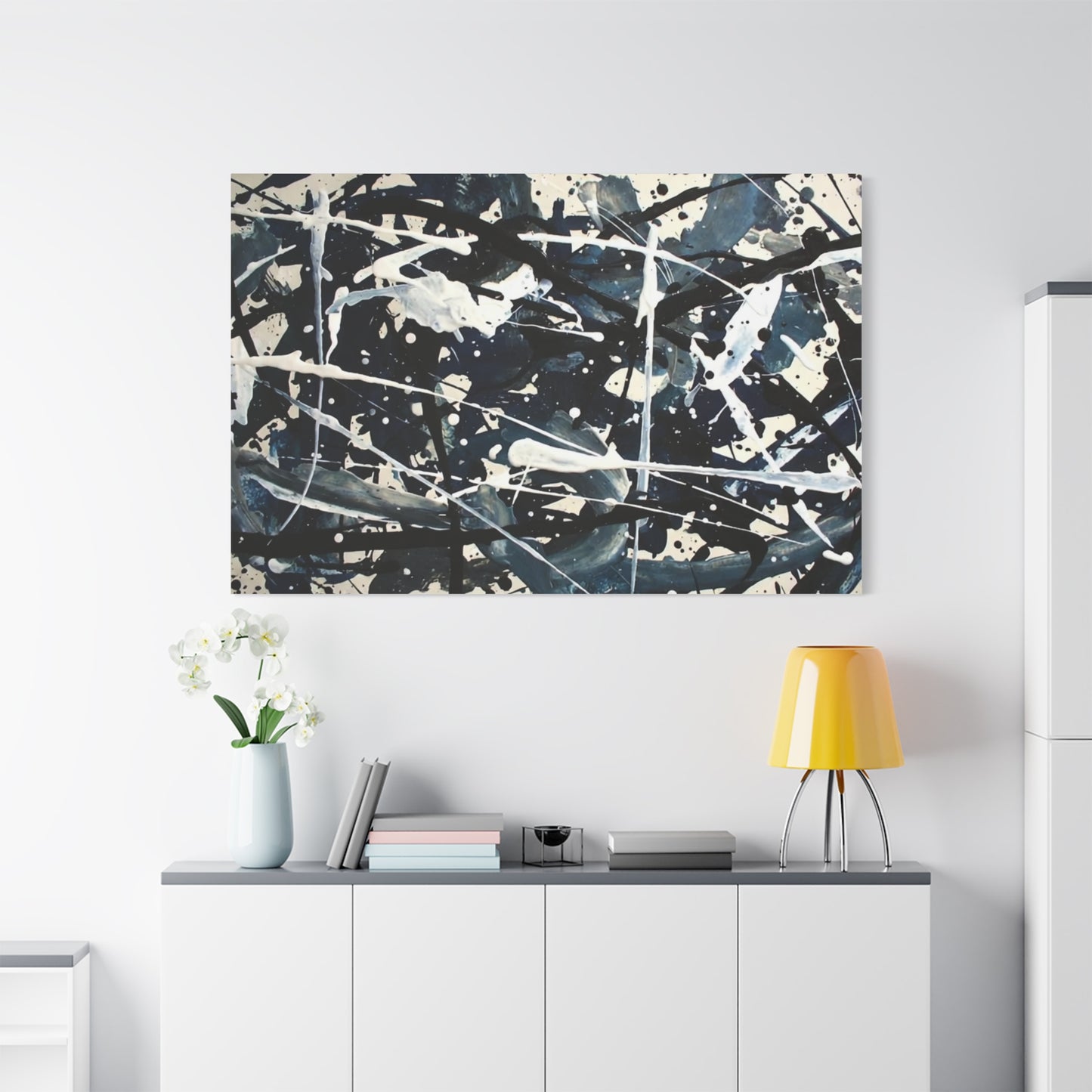 Abstract Drip Painting Canvas Print — Blue & Black Modern Wall Art (Matte Stretched)