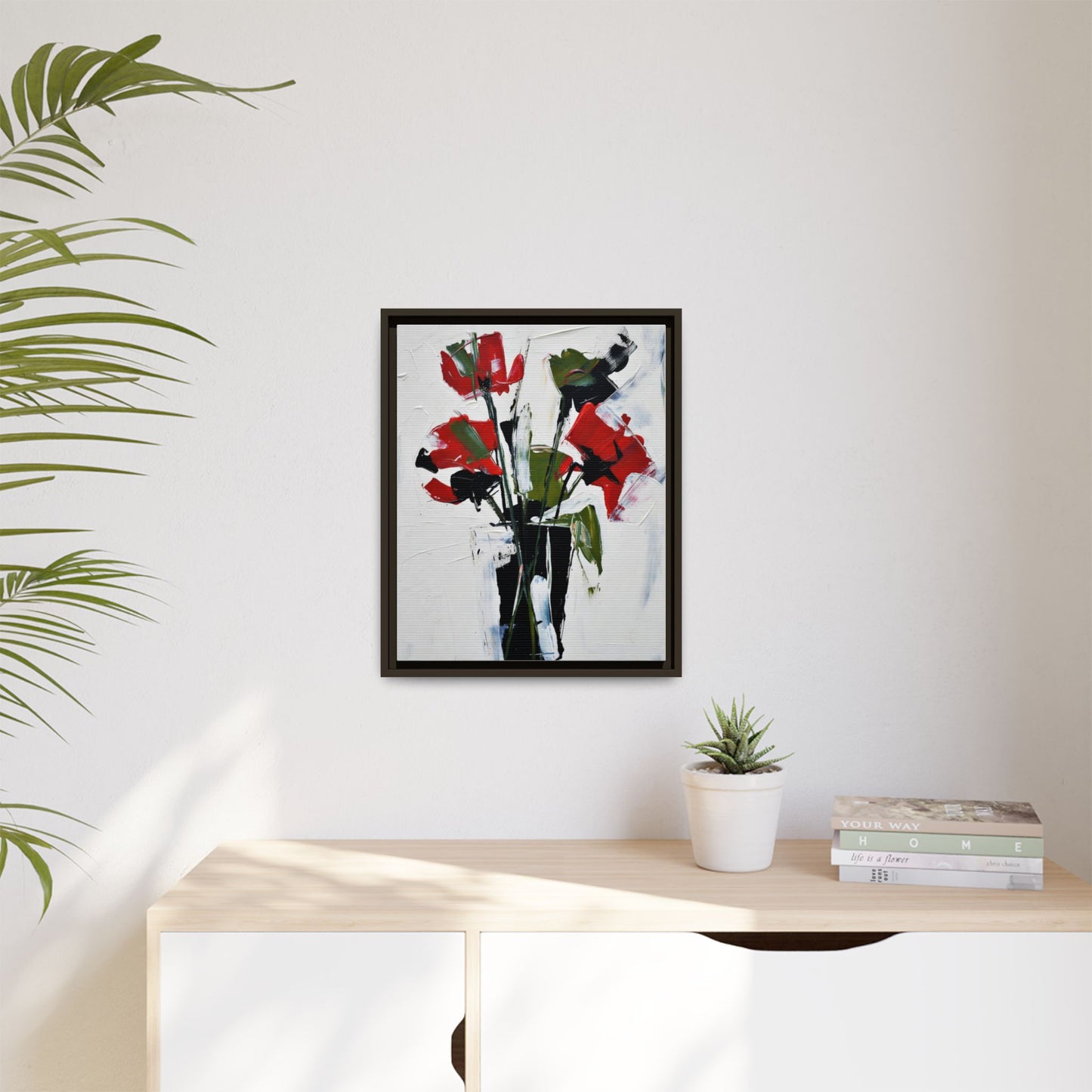 Framed Abstract Floral Canvas Print — Red Poppies in Black Vase