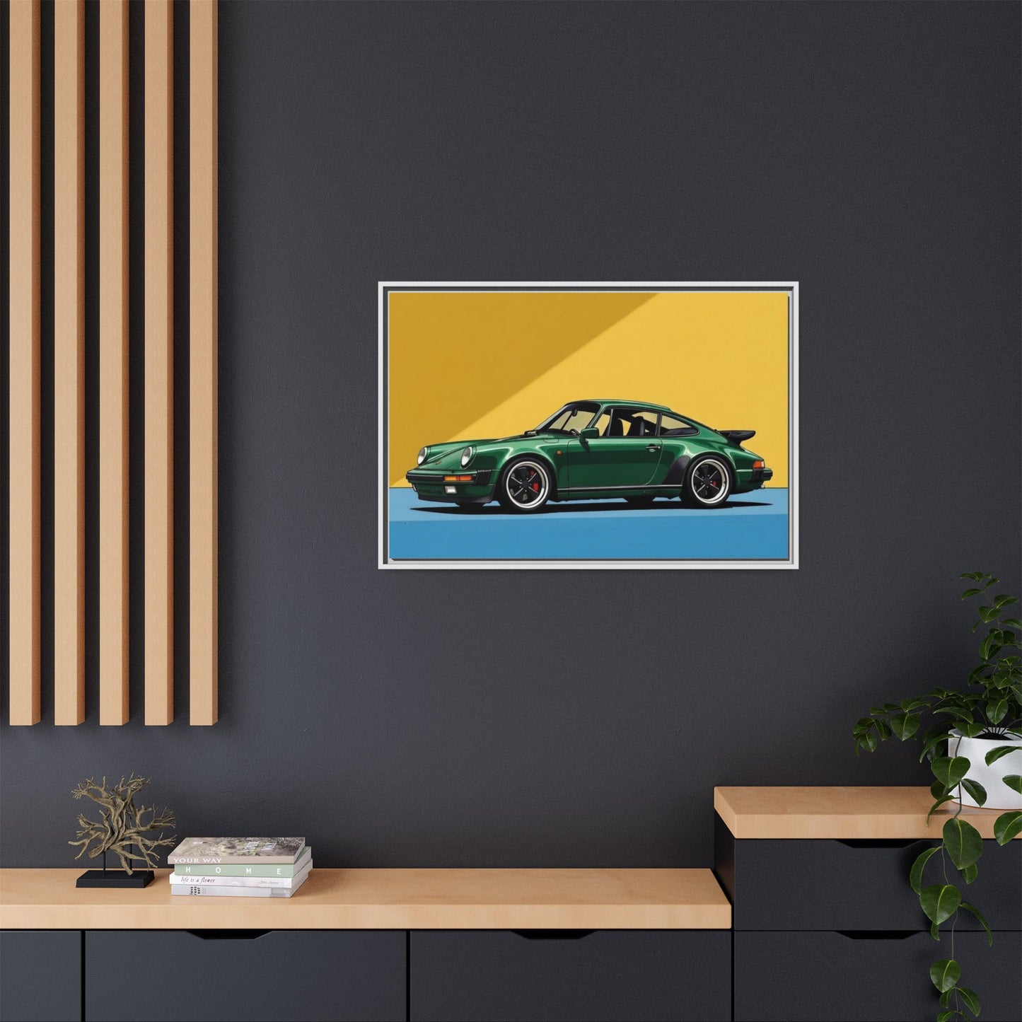 Framed Matte Canvas — Green Sports Car Wall Art