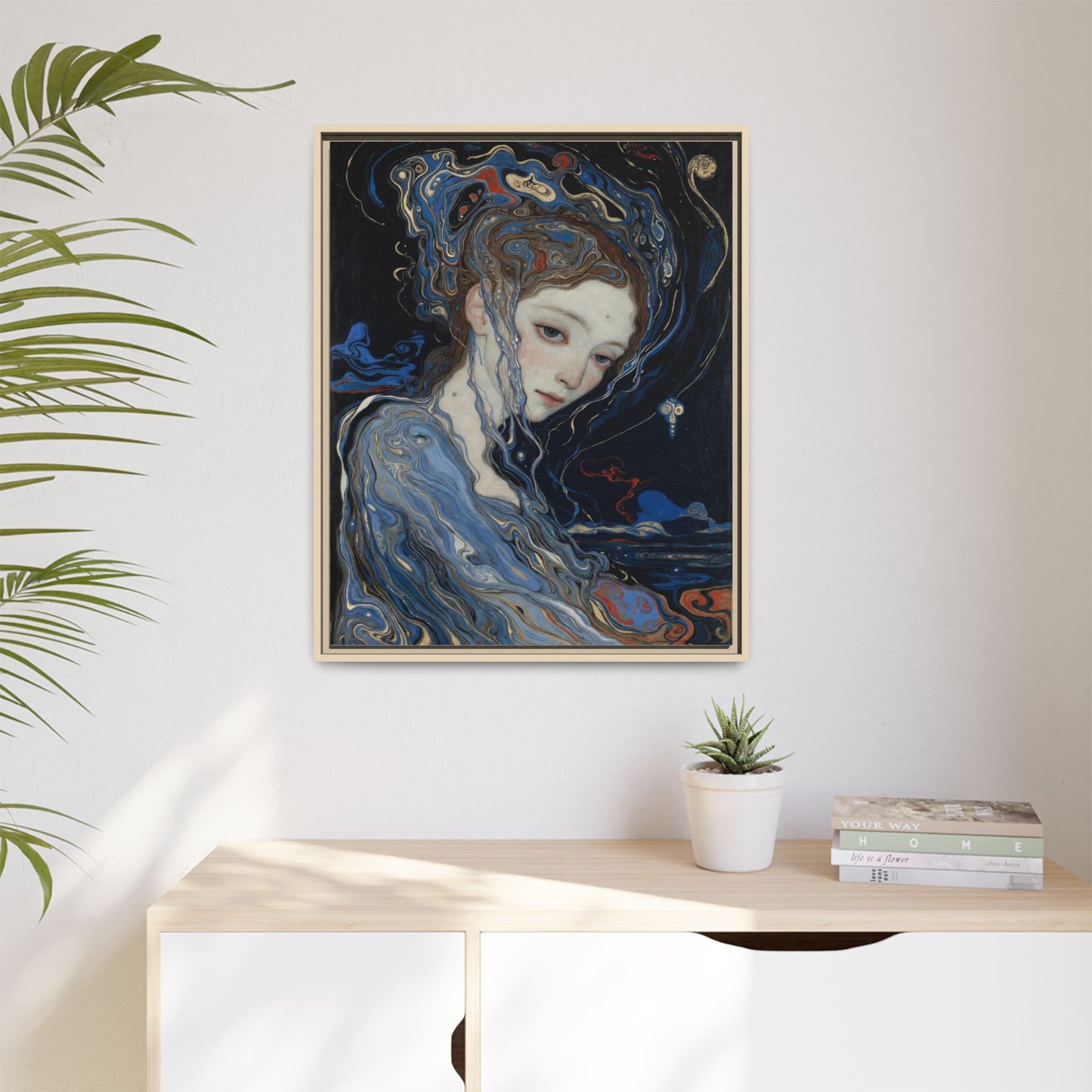 Framed Matte Canvas Art Print — Surreal Blue Maiden Portrait