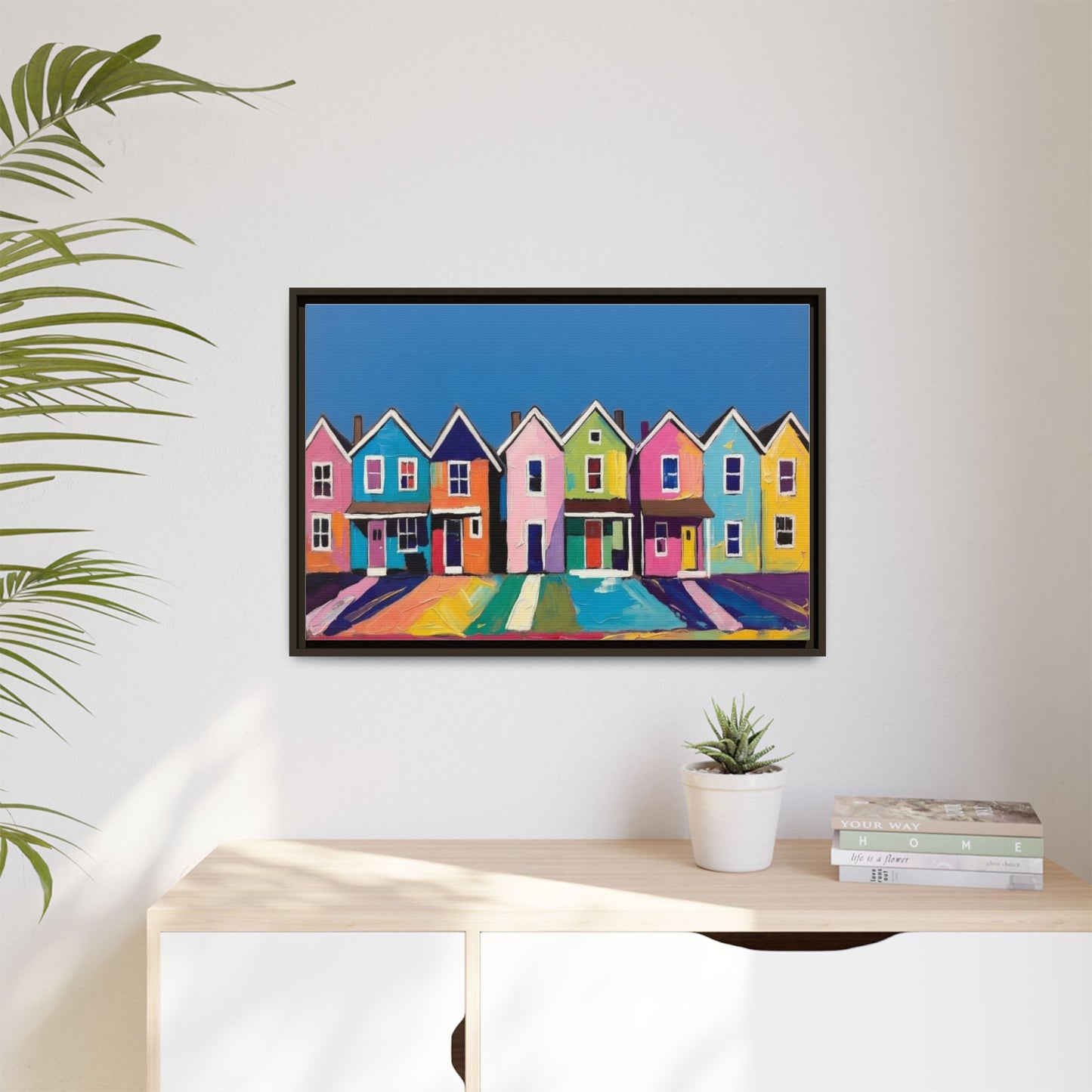 Colorful Beach Houses Matte Canvas Framed Wall Art